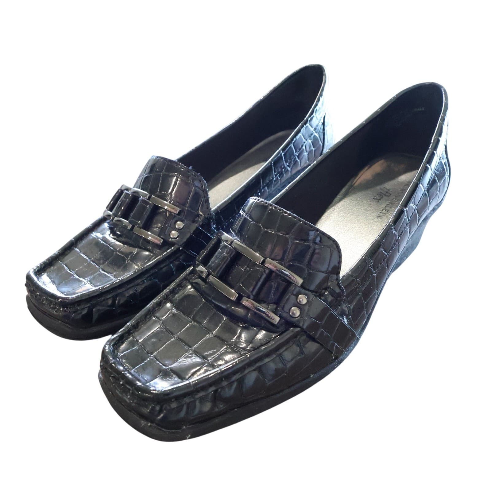 Anne Klein Aklonna Loafer Wedges Womens 10 Black Croc Embossed Hardware - Thumbnail 3