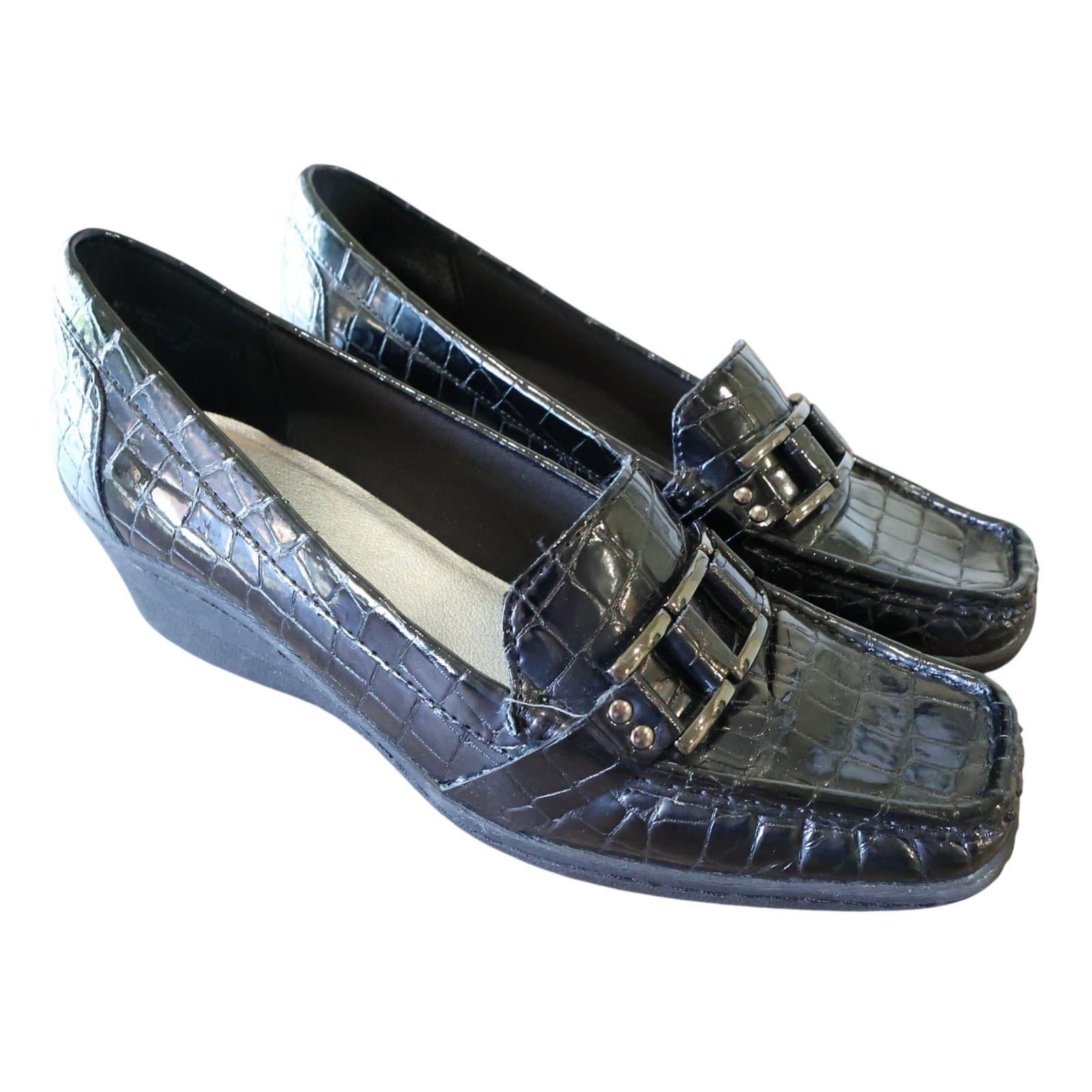 Anne Klein Aklonna Loafer Wedges Womens 10 Black Croc Embossed Hardware