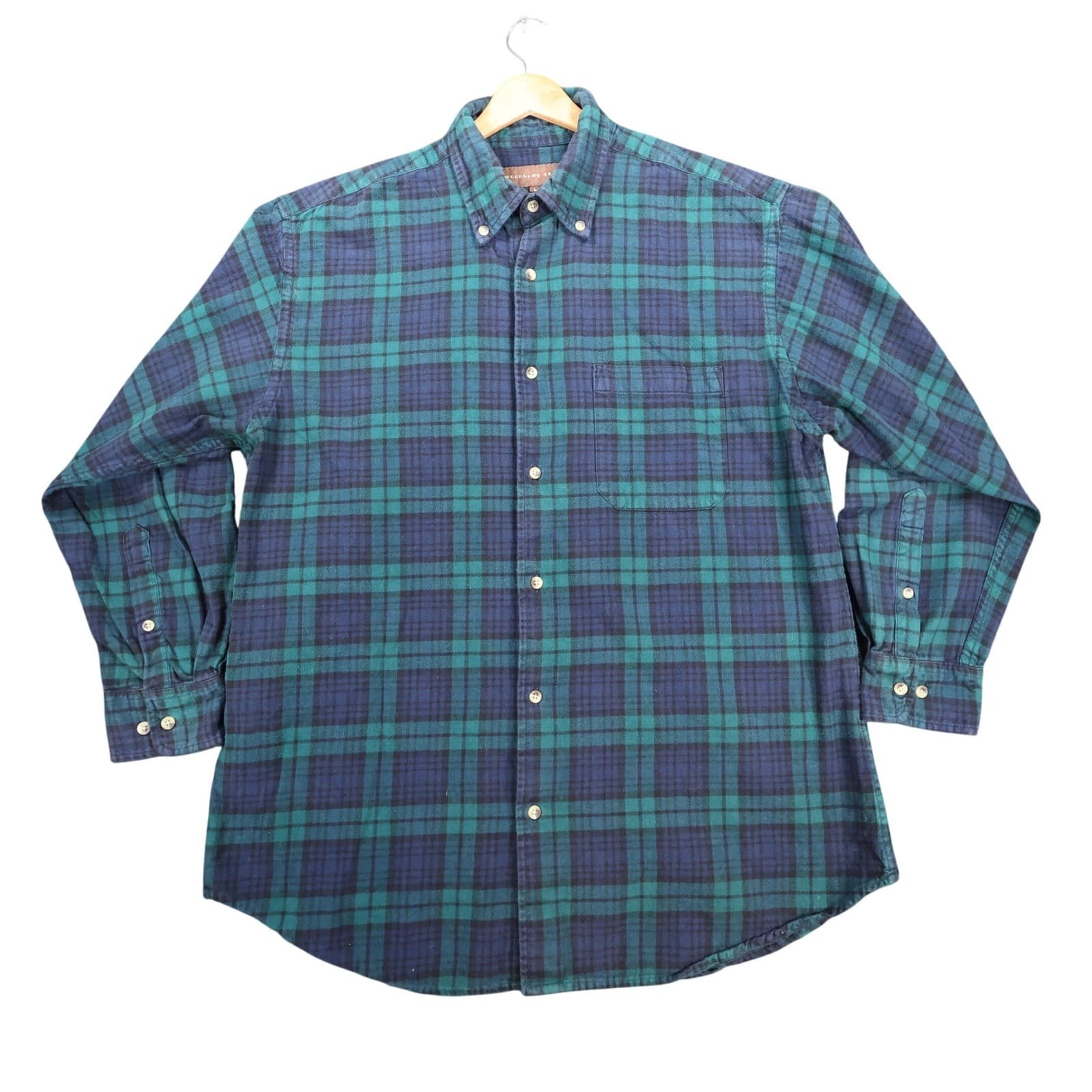Woodland Trail Flannel Shirt Mens Large Green Blue Cotton Plaid Button Down