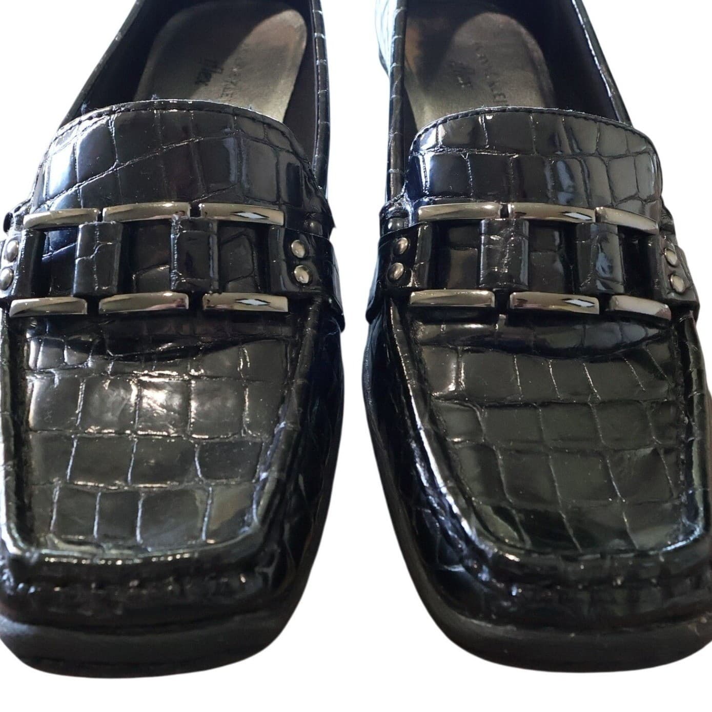 Anne Klein Aklonna Loafer Wedges Womens 10 Black Croc Embossed Hardware - Thumbnail 4
