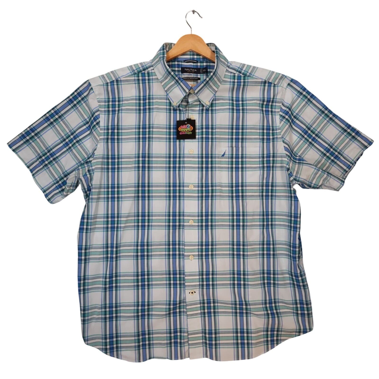 Nautica Button Down Shirt Mens XXL Blue Plaid Excellent Wrinkle Resistant SS