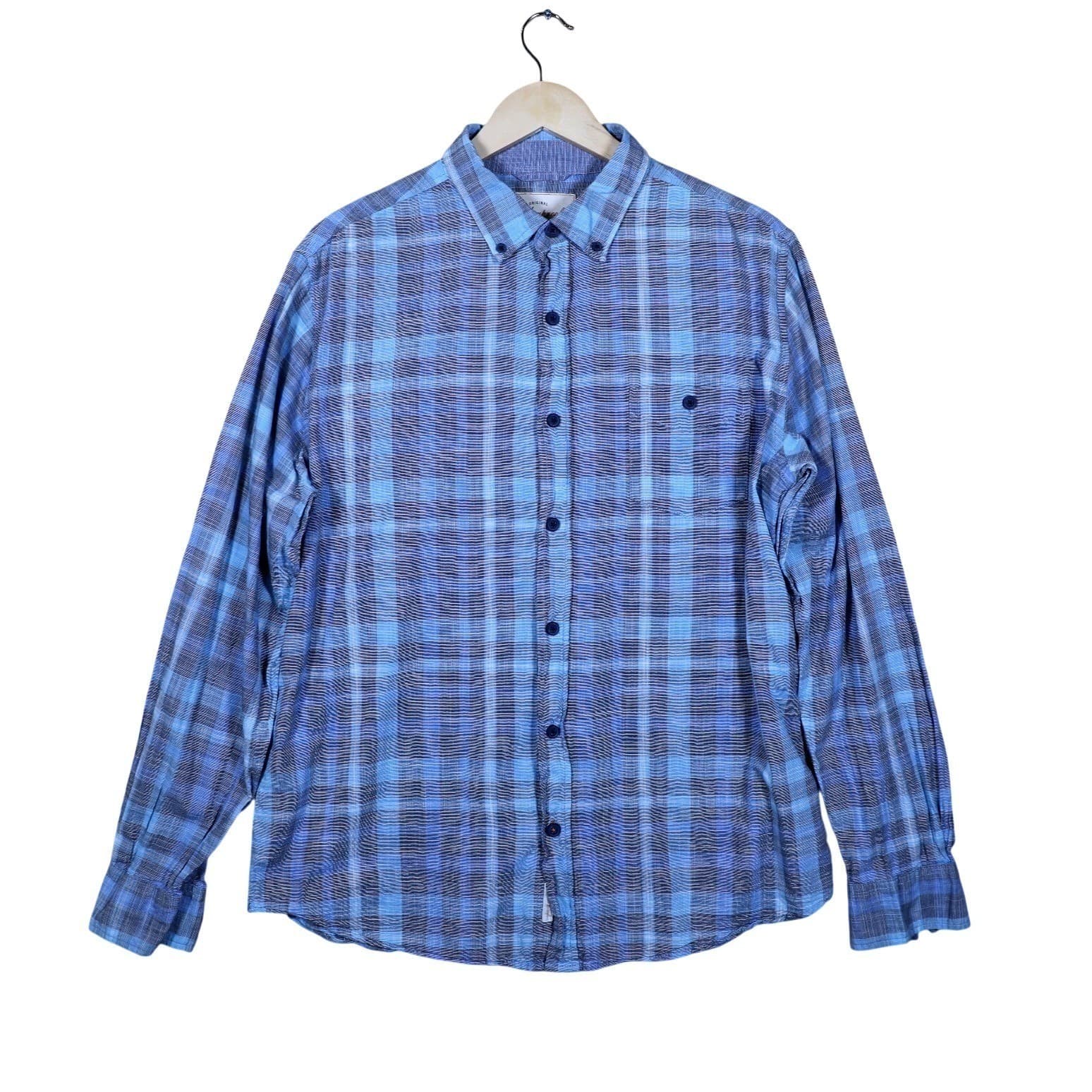 Weatherproof Vintage Mens Blue Plaid Long Sleeve Button Up Shirt Size Large