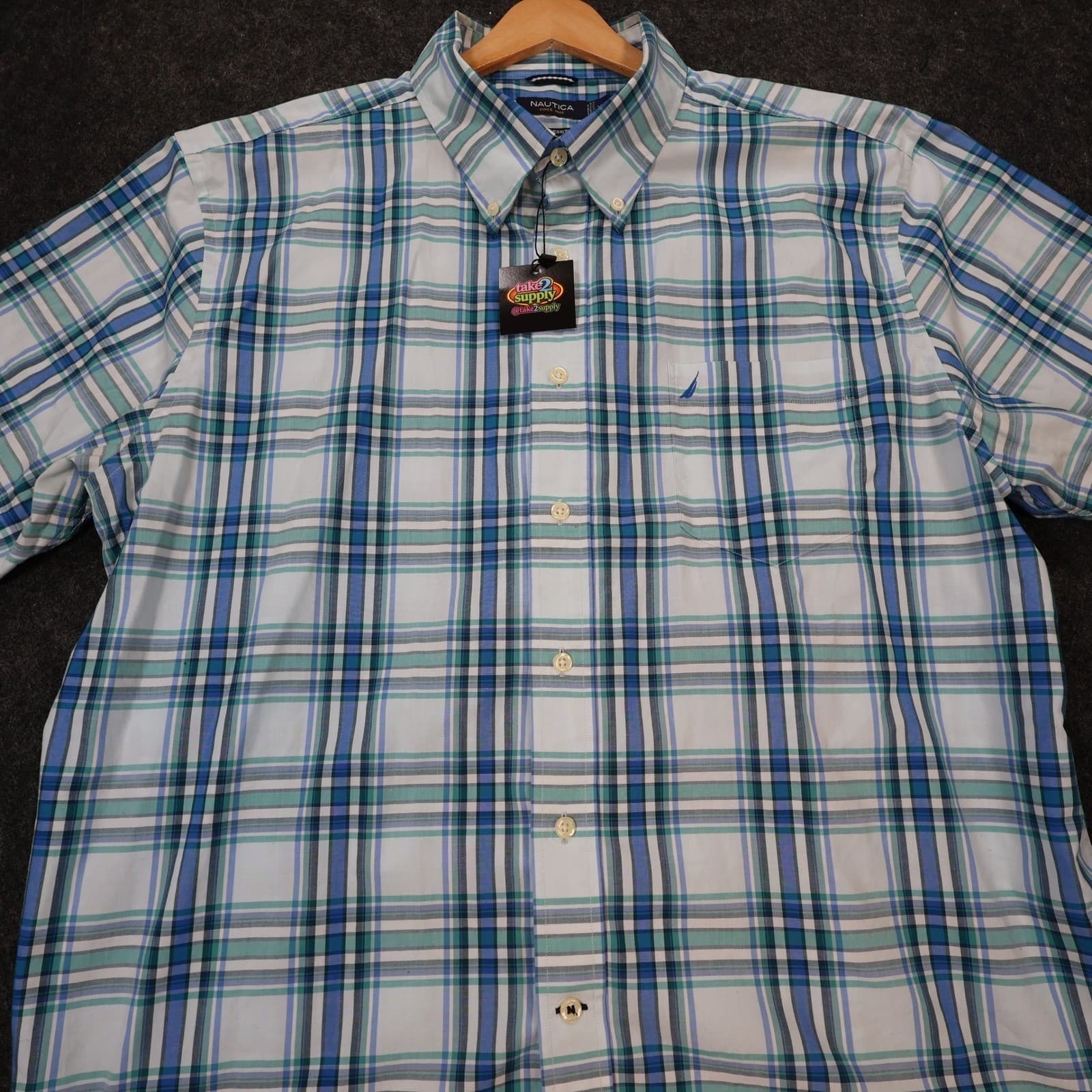 Nautica Button Down Shirt Mens XXL Blue Plaid Excellent Wrinkle Resistant SS - Thumbnail 9