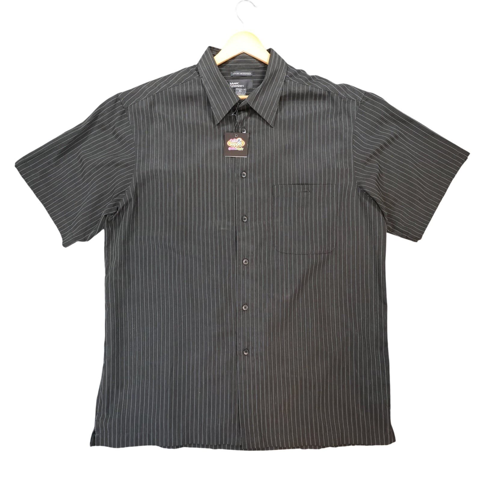 Marc Edwards Button Front Shirt Mens XL Black Excellent Pinstripe Microfiber