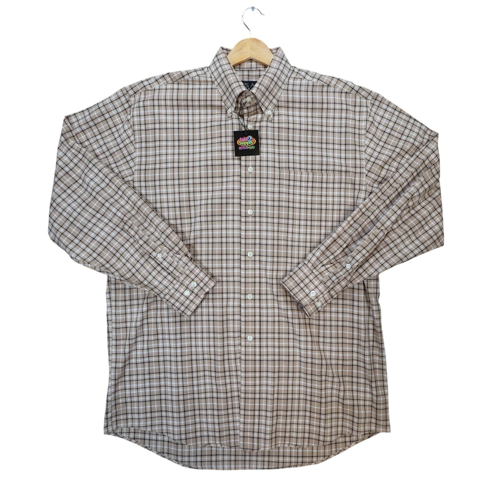 Jos. A. Bank Button Down Shirt Mens M Tan Excellent Plaid Cotton Long Sleeve