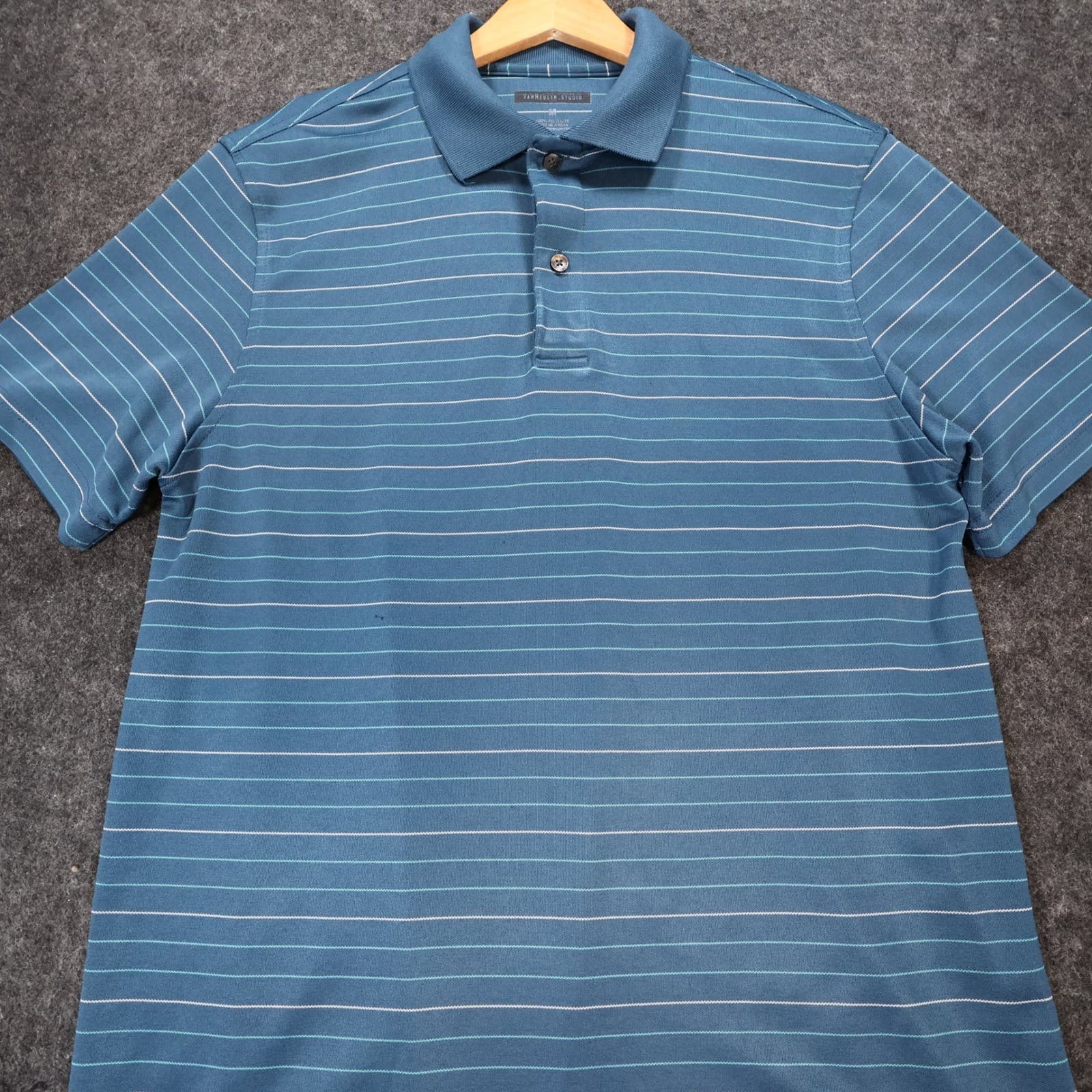 Van Heusen Studio Polo Shirt Mens M Blue Excellent Striped Short Sleeve - Thumbnail 8
