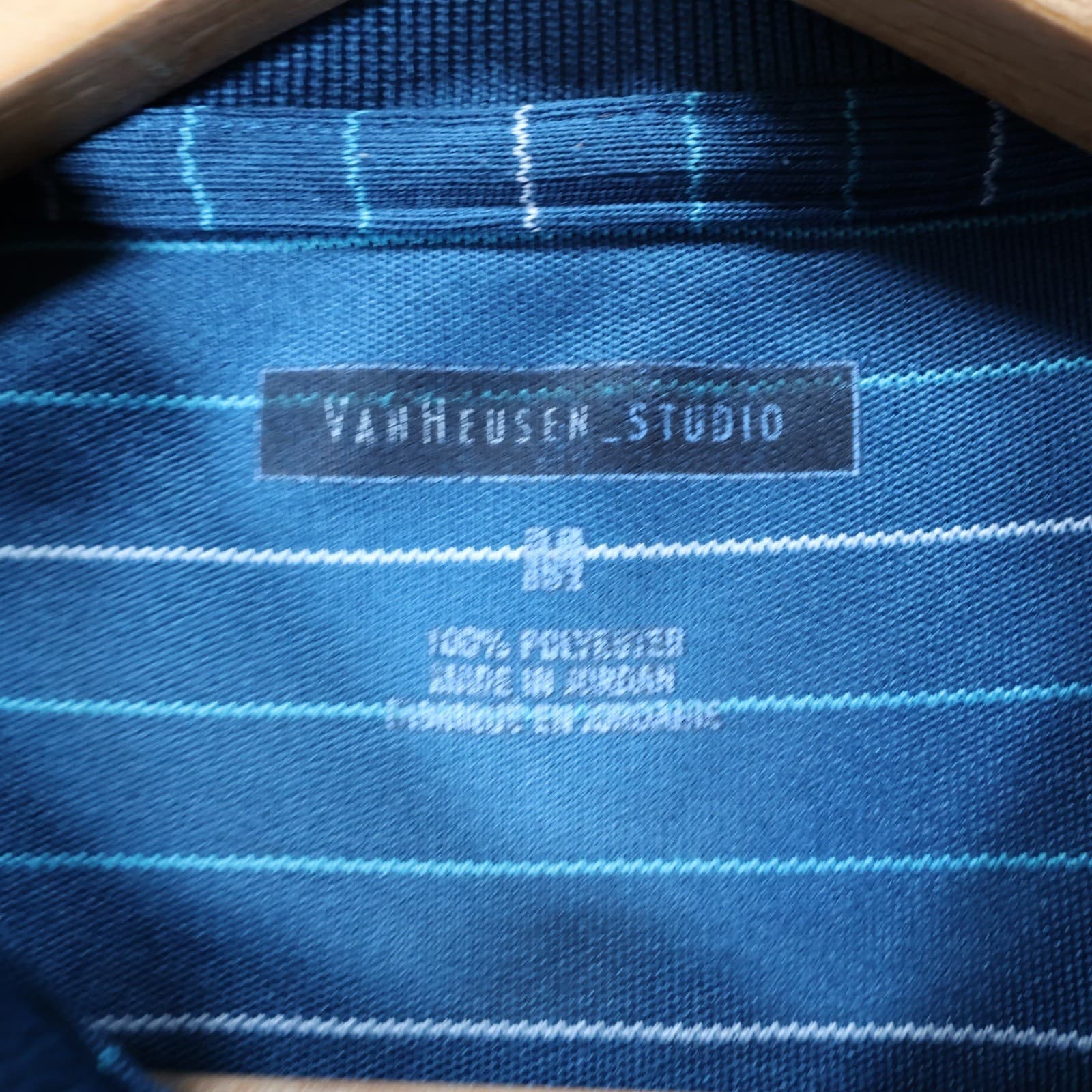 Van Heusen Studio Polo Shirt Mens M Blue Excellent Striped Short Sleeve - Thumbnail 7