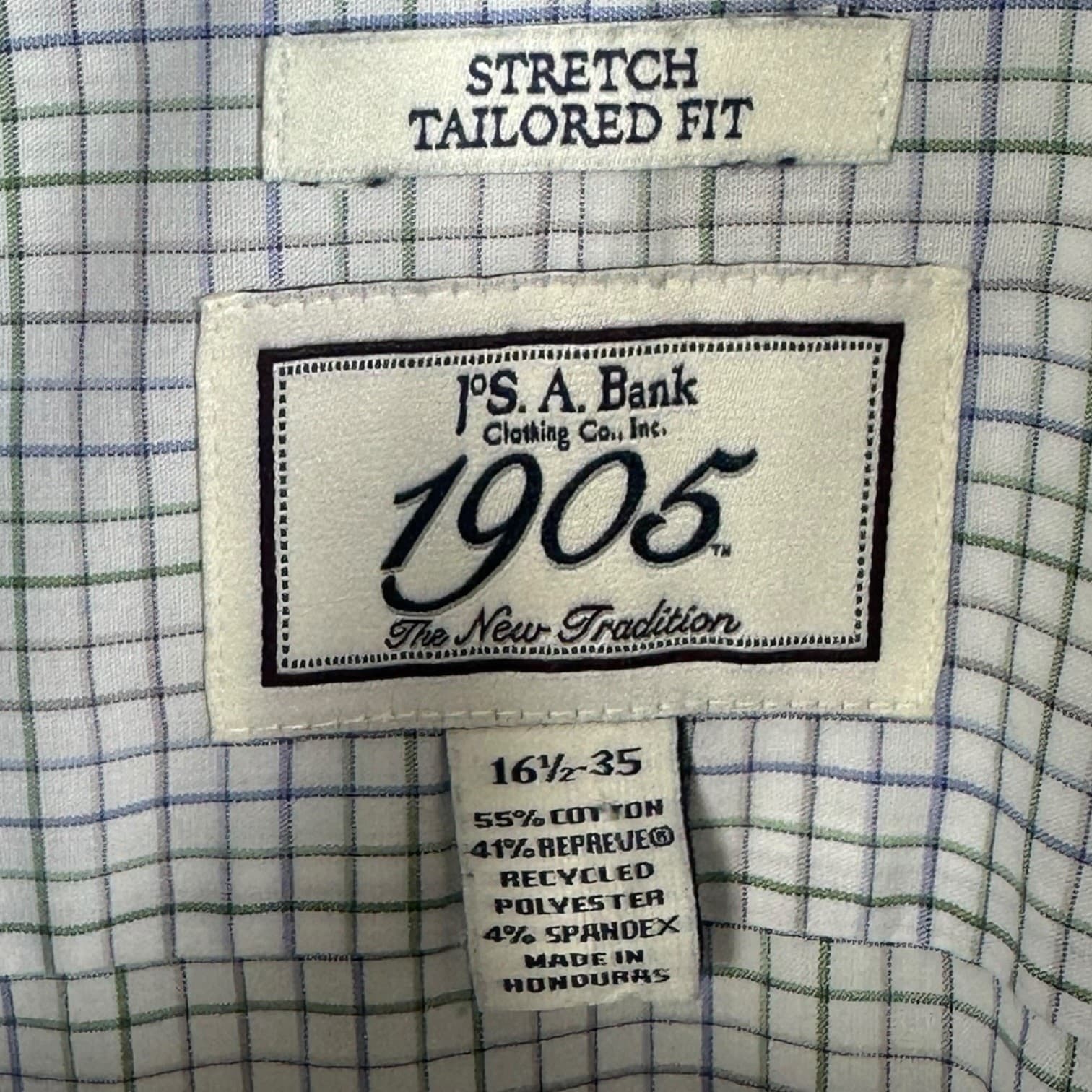 J.S. A. Bank 1905 Men's Dress Shirt 16.5/35 White Blue Plaid Tailored Fit - Thumbnail 3