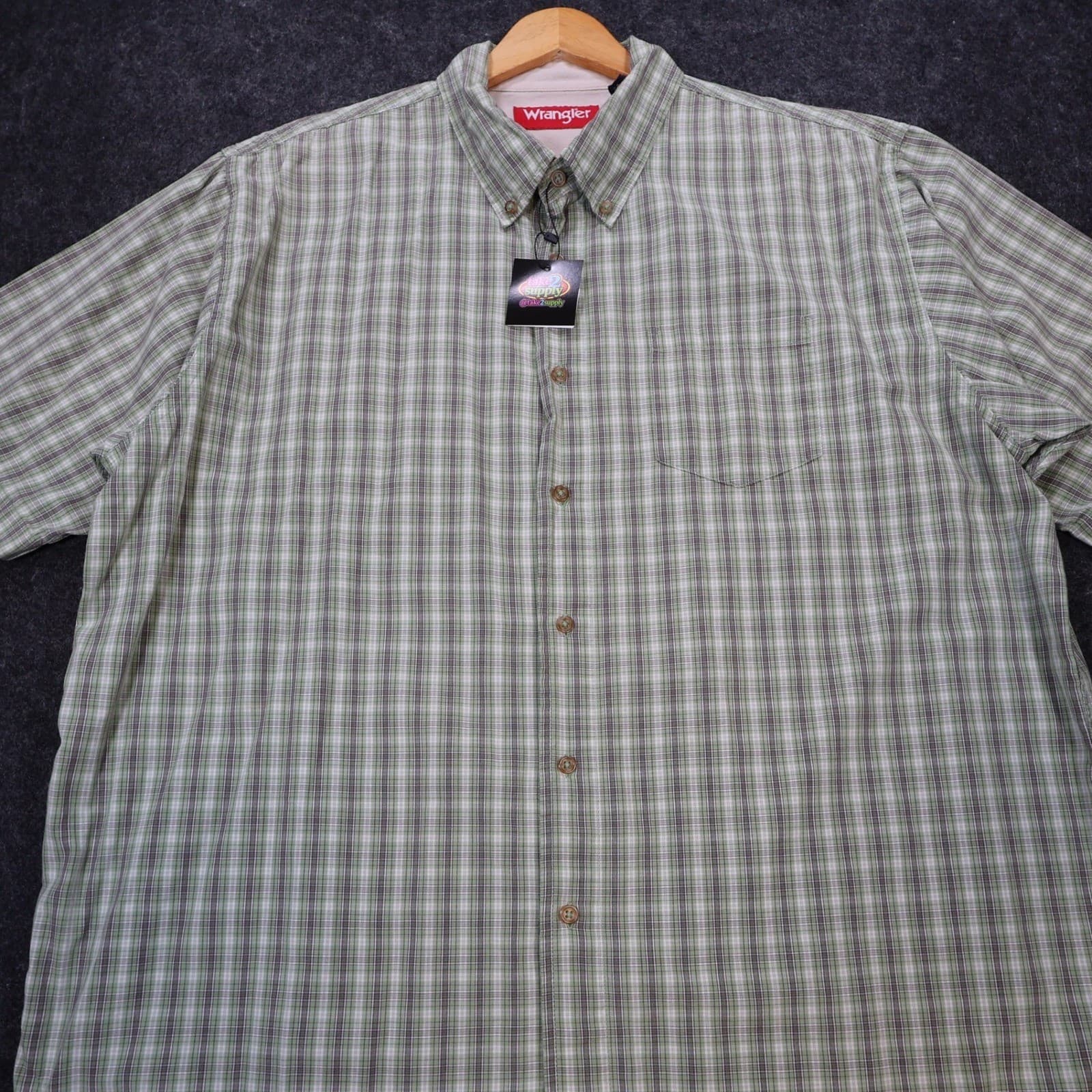 Wrangler Button Up Shirt Mens XL Green Excellent Plaid Cotton Short Sleeve - Thumbnail 9