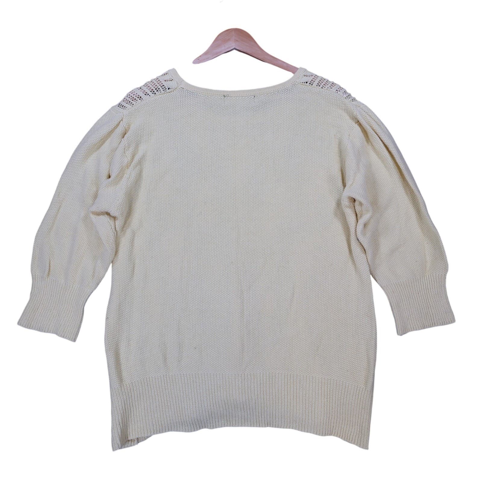 Willow Sweater Womens XL Cream 100% Cotton 3/4 Sleeve Pointelle Knit Crochet - Thumbnail 2