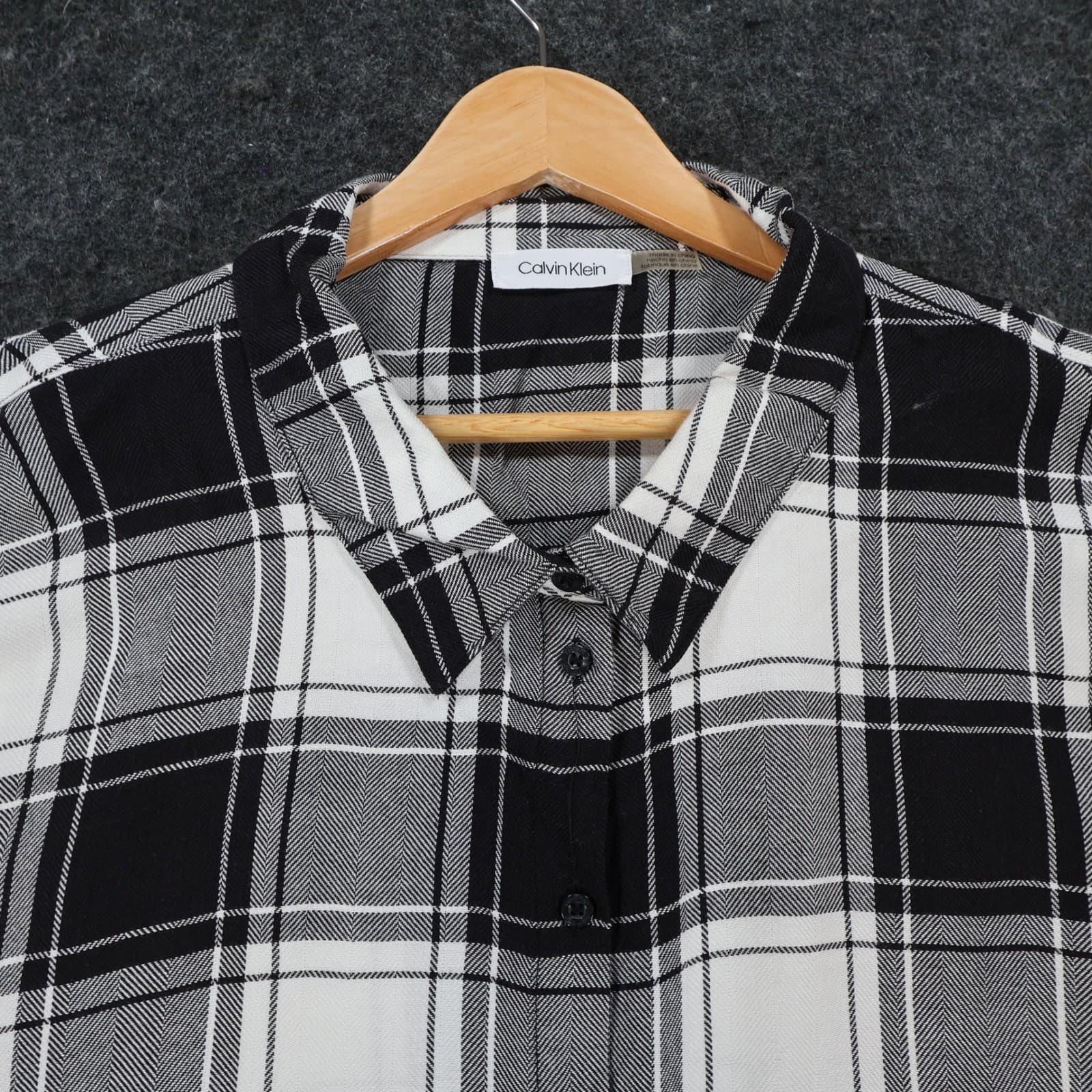 Calvin Klein Button Down Shirt Womens 3X Black White Rayon Cotton Plaid Roll Tab - Thumbnail 9