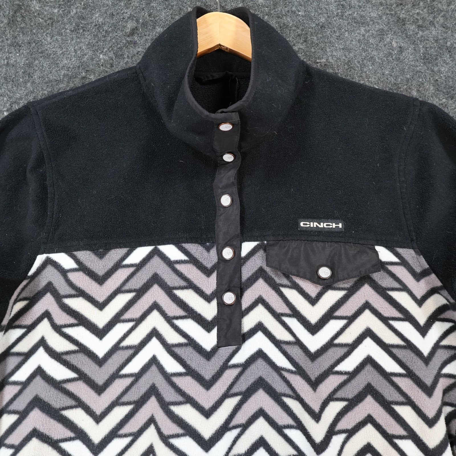 Cinch Fleece Pullover Mens M Black Grey White Chevron Geometric Snap Neck Jacket - Thumbnail 8