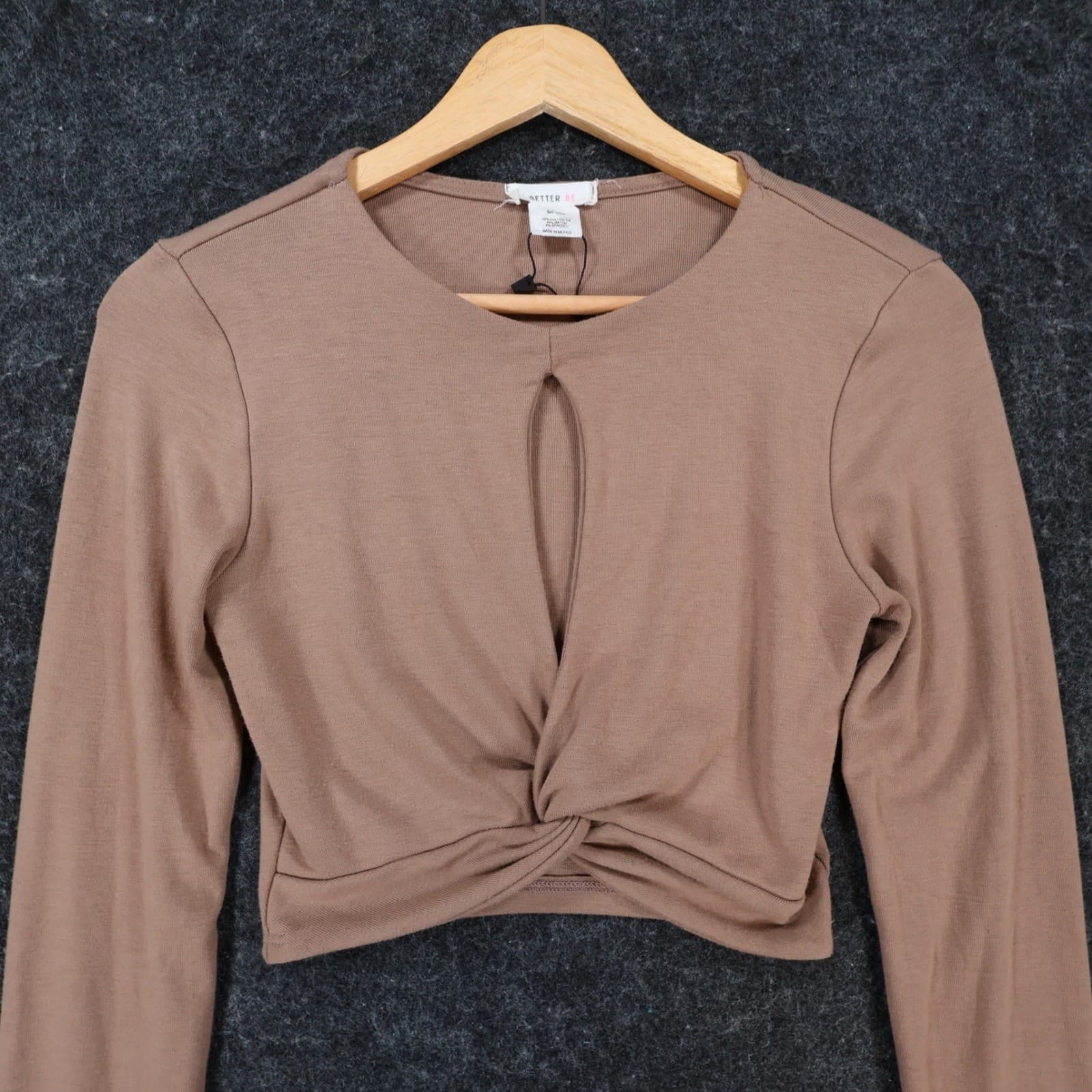 Better Be Crop Top Womens Small Brown Twist Front Keyhole Long Sleeve - Thumbnail 3
