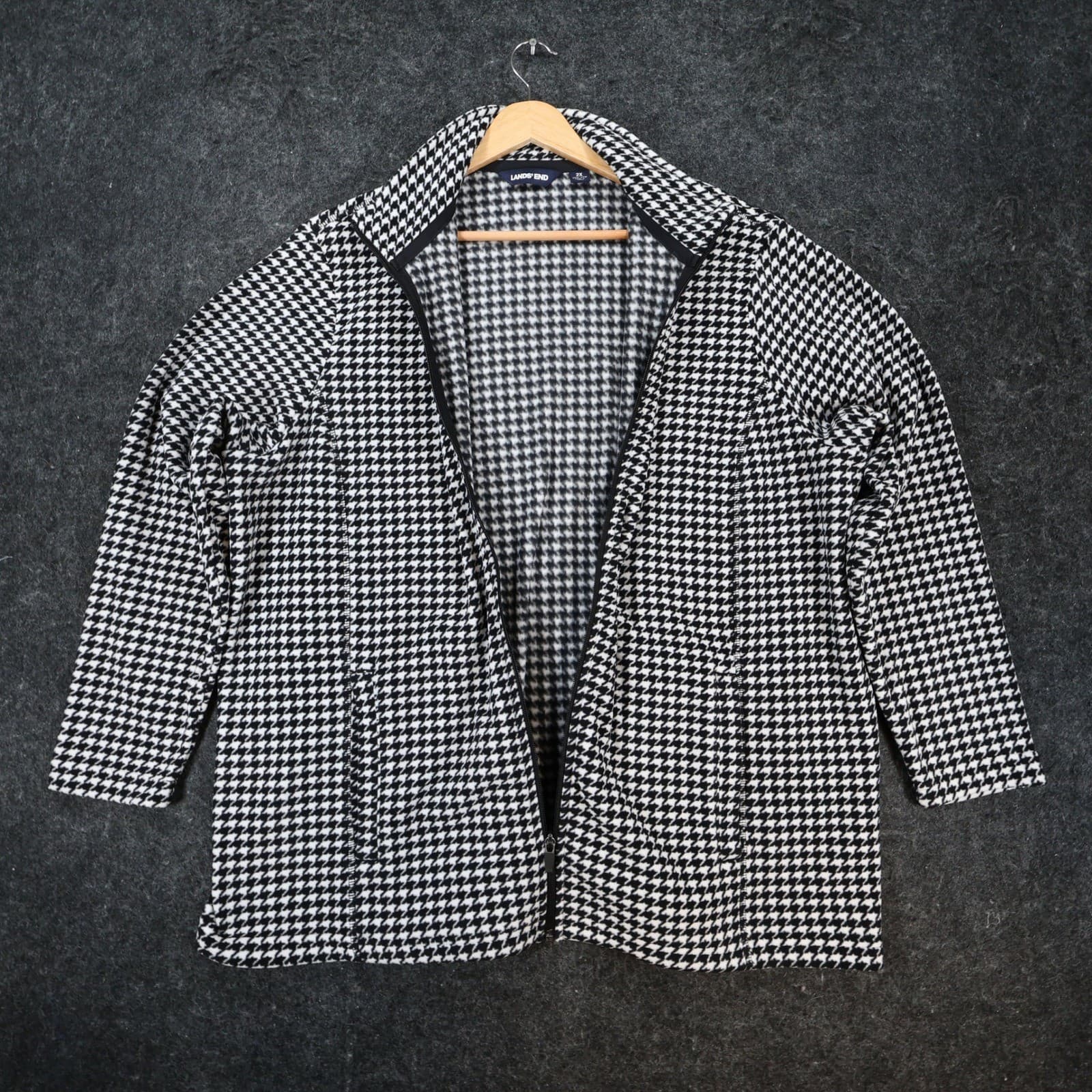 Lands' End Fleece Jacket Womens 2X Black White Polyester Zip Houndstooth Classic - Thumbnail 9