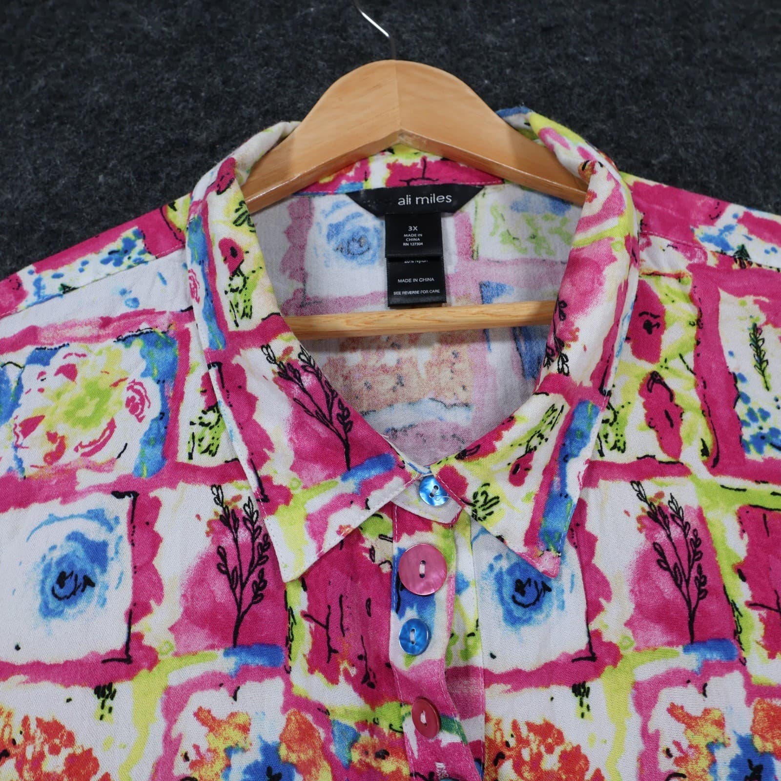 Ali Miles Button Up Shirt Womens 3X Multicolor Rayon Artsy Abstract 3/4 Sleeve - Thumbnail 9