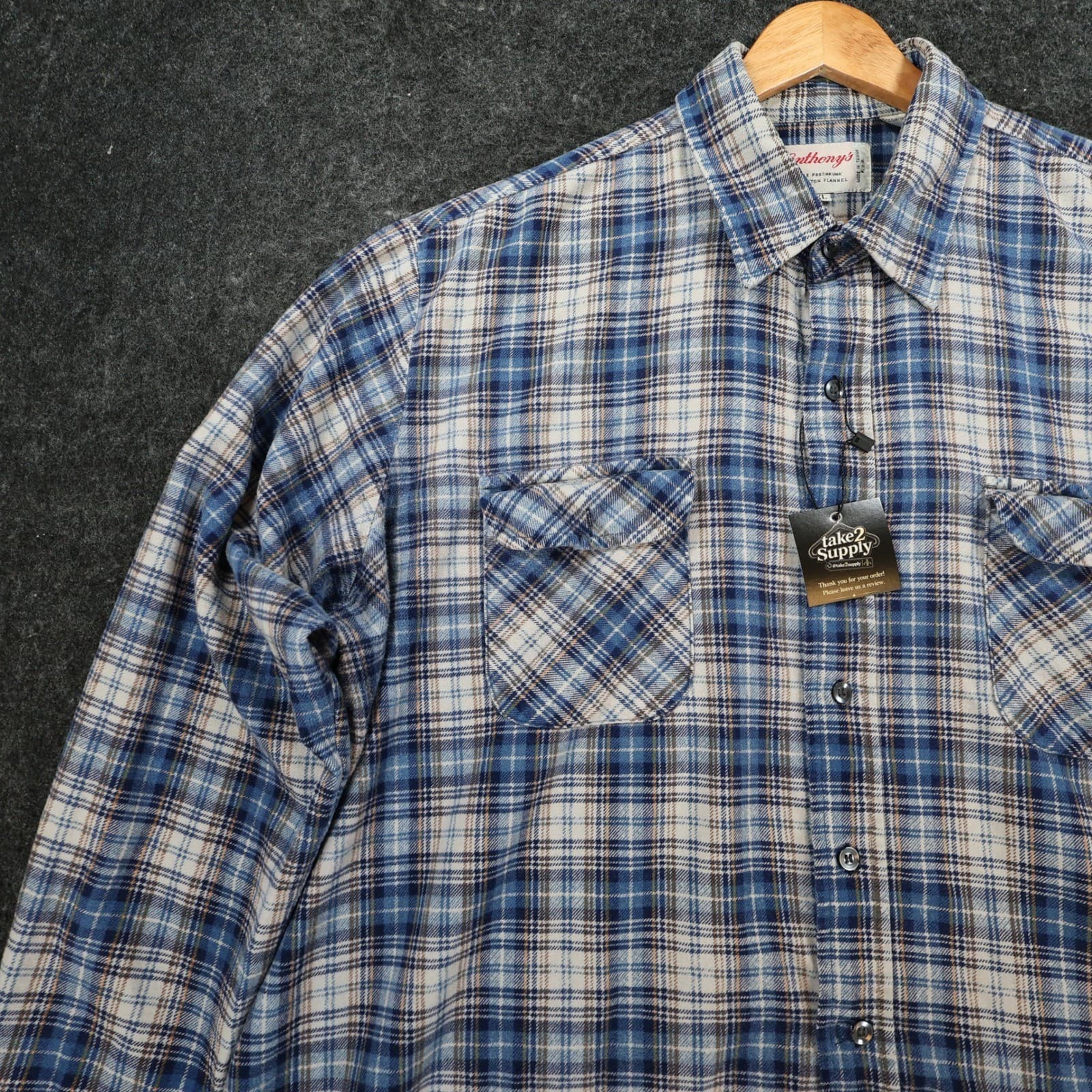 Anthony's Flannel Shirt Mens XL Blue 100% Cotton Plaid Vintage Button Up - Thumbnail 9