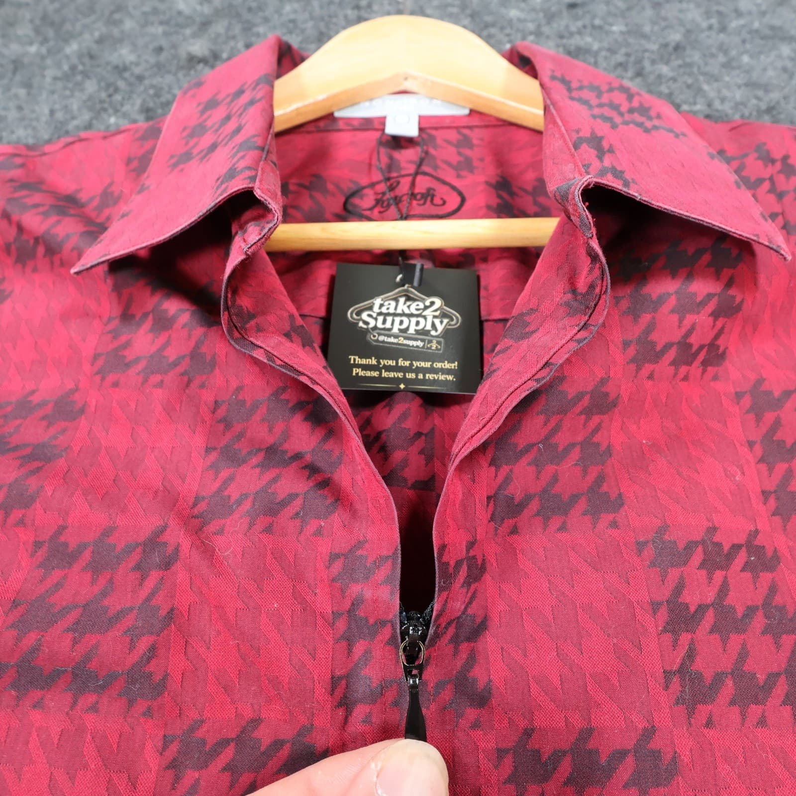 Foxcroft Women's 12 Red Houndstooth Zip Up Non-Iron Fitted Shirt - Thumbnail 8