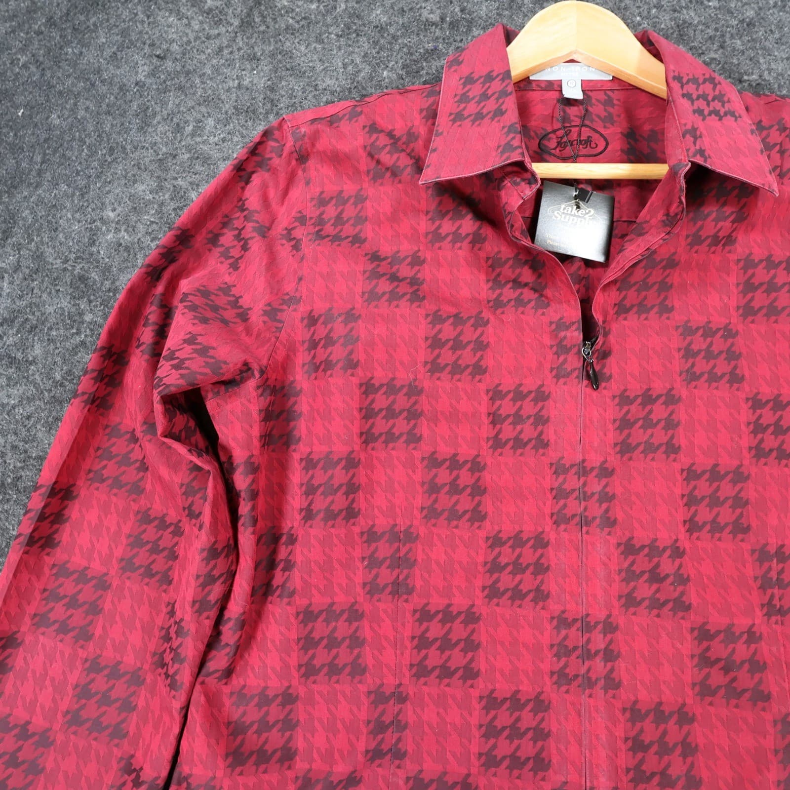 Foxcroft Women's 12 Red Houndstooth Zip Up Non-Iron Fitted Shirt - Thumbnail 9