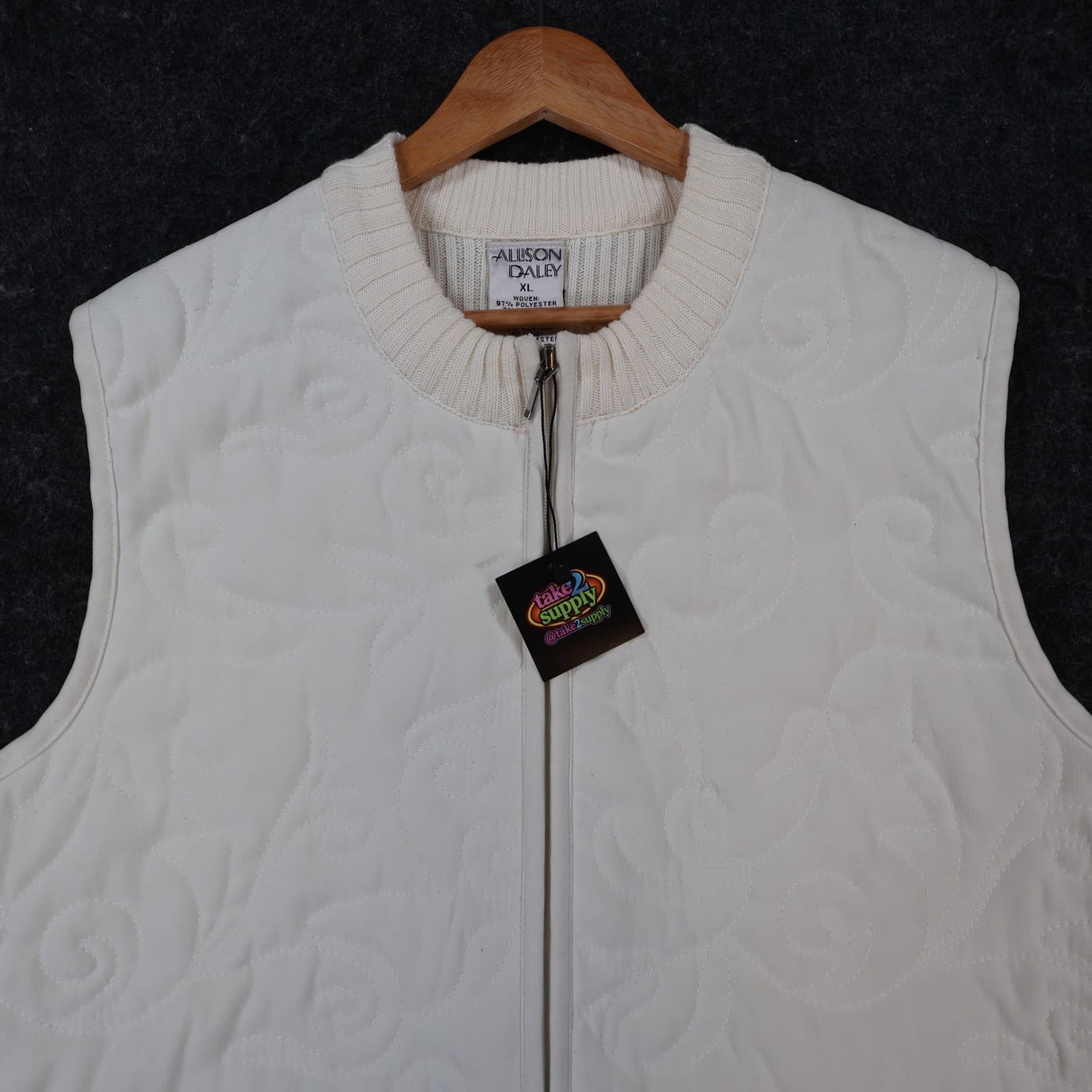 Allison Daley XL White Quilted Vest - Ribbed Knit Full Zip Layer - Thumbnail 6