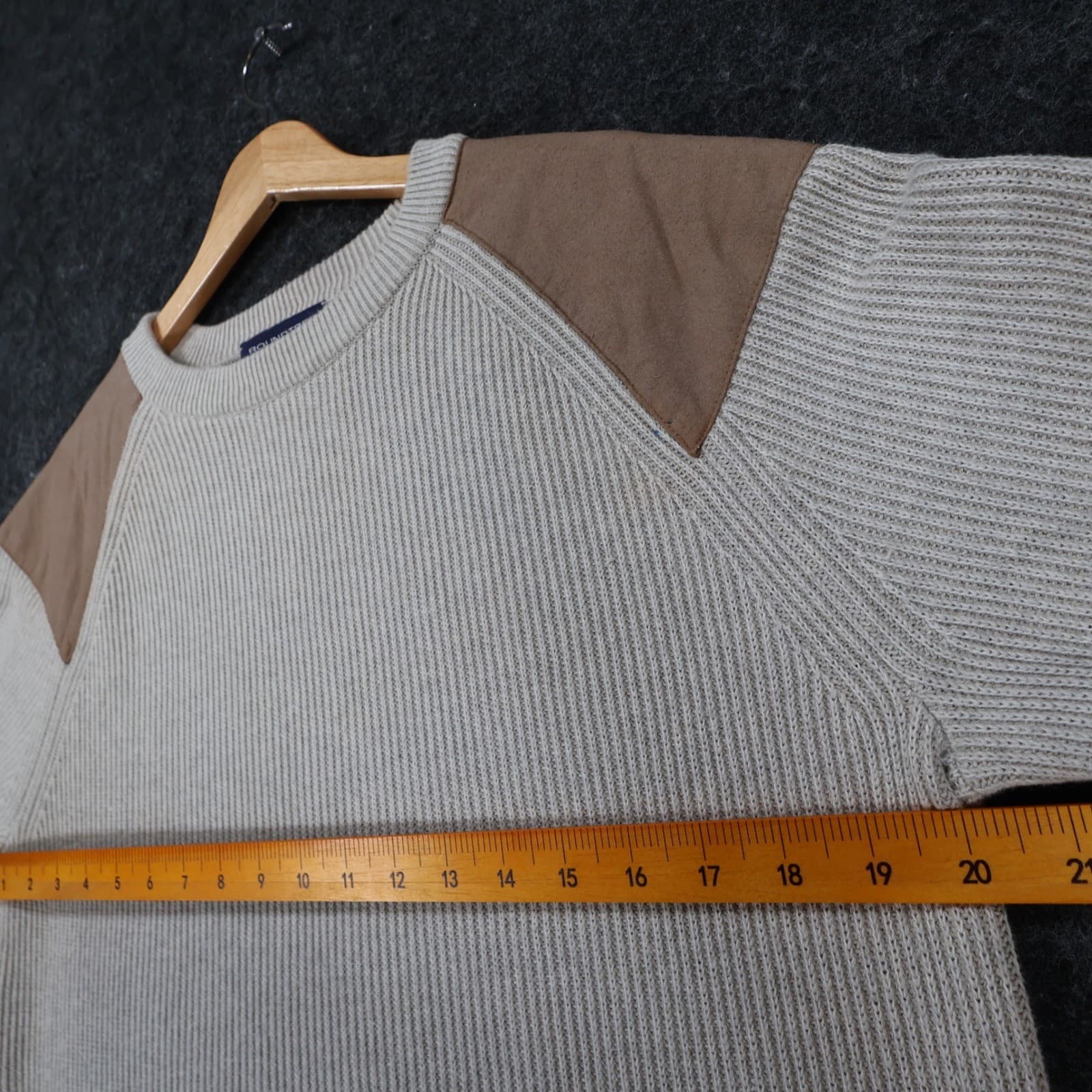 Roundtree & Yorke Sweater Mens M Beige Cotton Ribbed Shooting Hunting Patch - Thumbnail 3