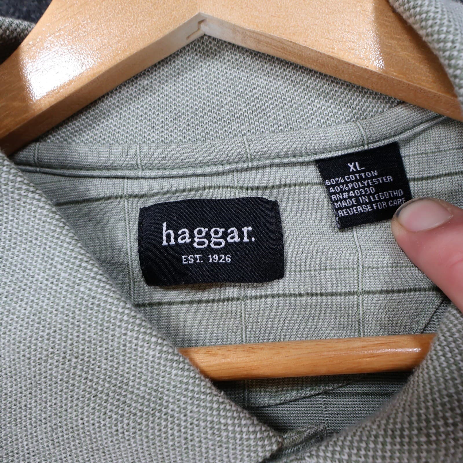 Haggar Polo Shirt Mens XL Sage Green Excellent Striped Grid Short Sleeve 1721 - Thumbnail 7