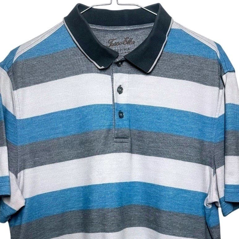 Tasso Elba Men's Striped Short Sleeve Polo Shirt Blue Gray White Size L - Thumbnail 3