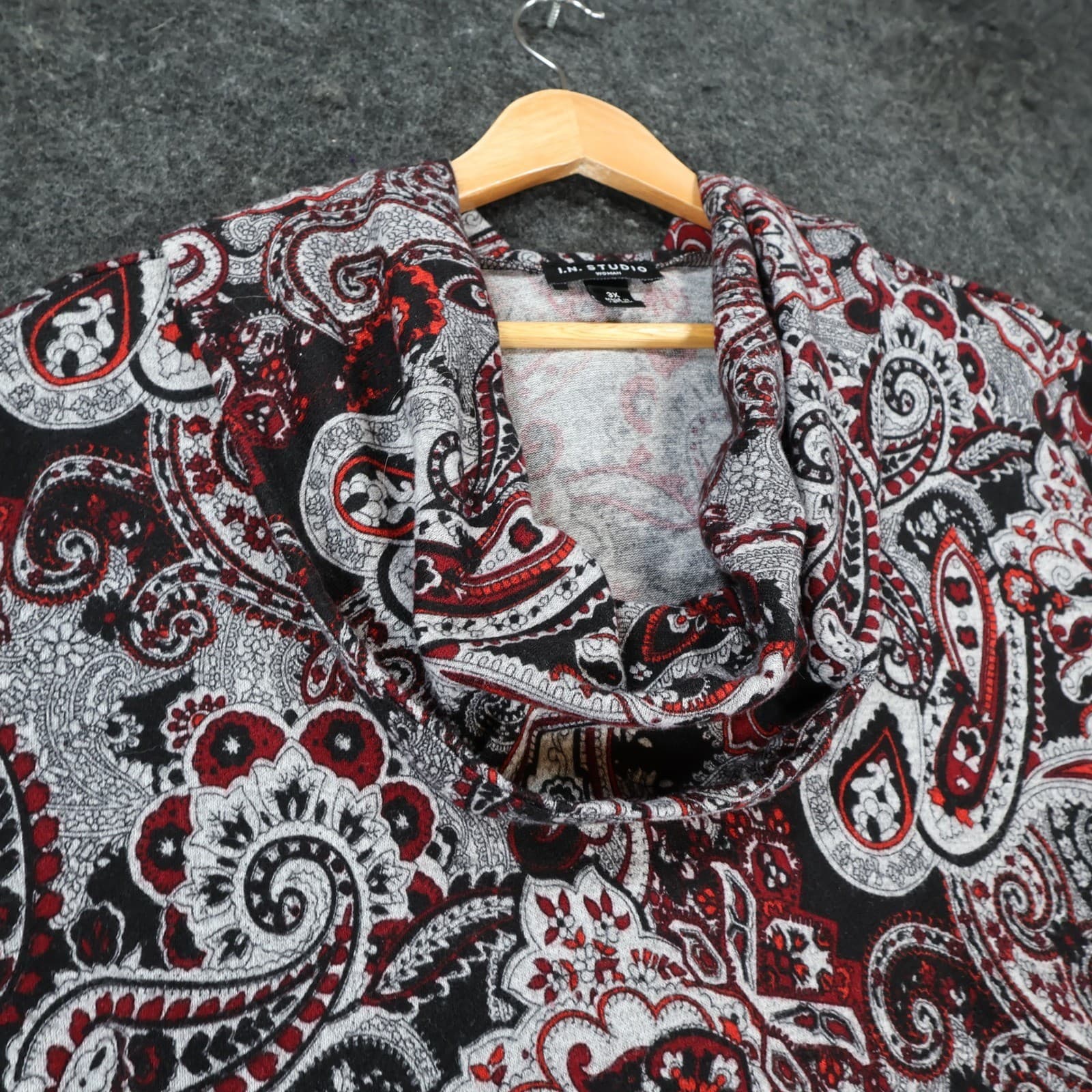 I.N. Studio Cowl Neck Top Women 3X Black Red Paisley Polyester Stretch Tunic - Thumbnail 9