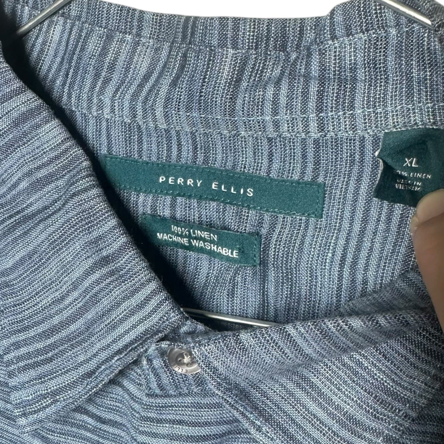 Perry Ellis Men's XL Heather Blue Premium 100% Linen Button-Up Shirt - Thumbnail 3