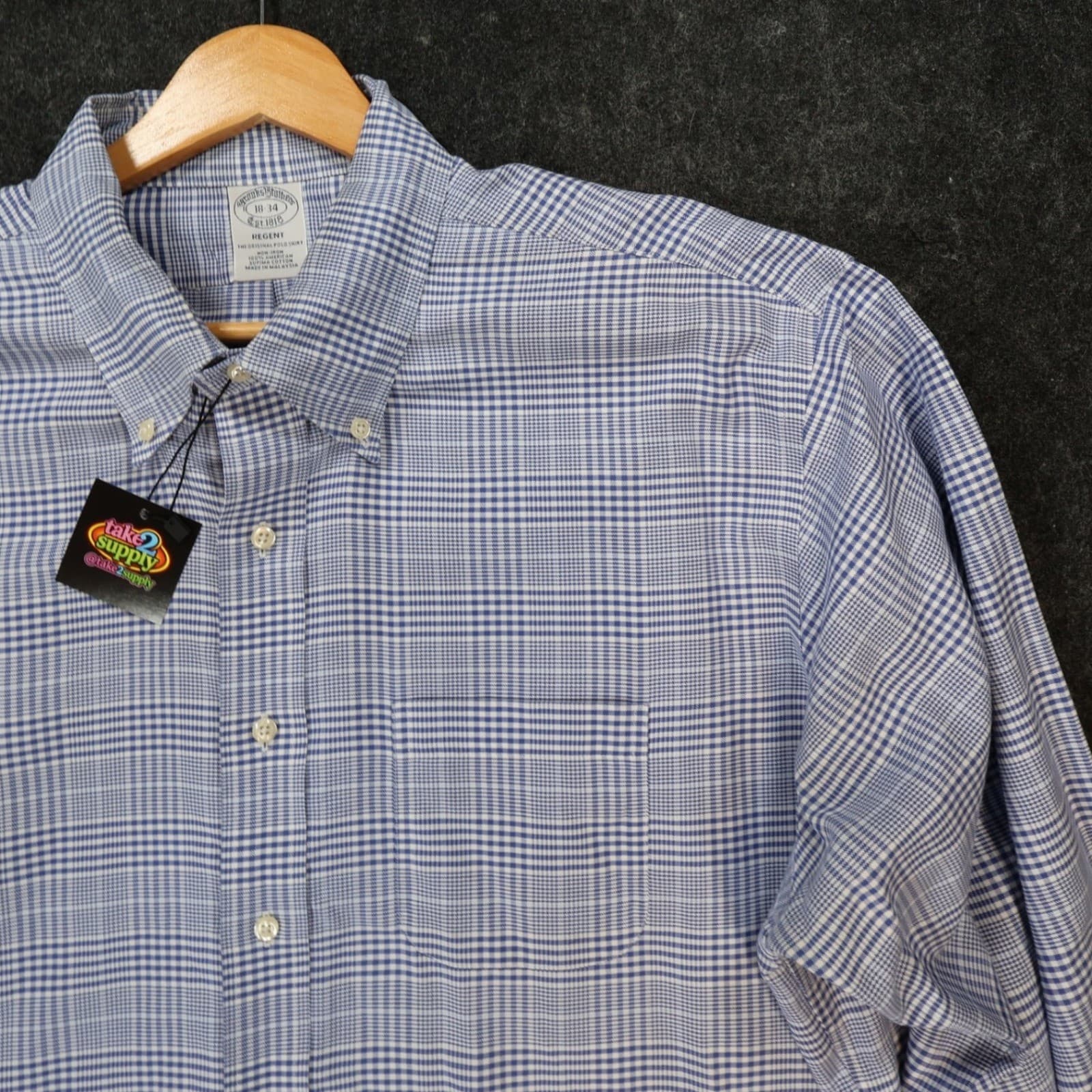 Brooks Brothers Button Down Shirt Mens 18-34 Blue Excellent Non-Iron Regent - Thumbnail 8