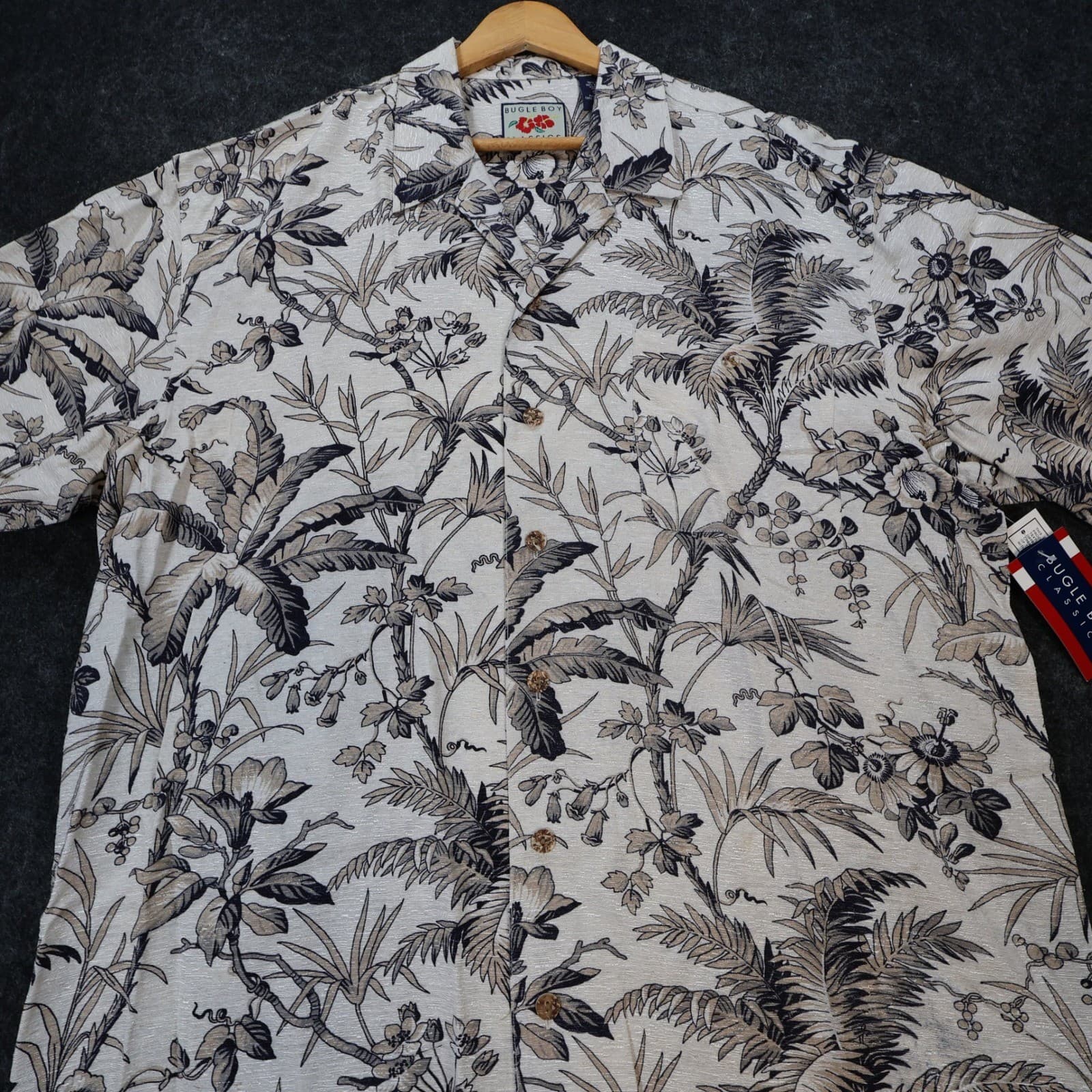 Bugle Boy Classics Button Up Shirt Mens XL Beige New Silk Rayon Tropical Floral - Thumbnail 10