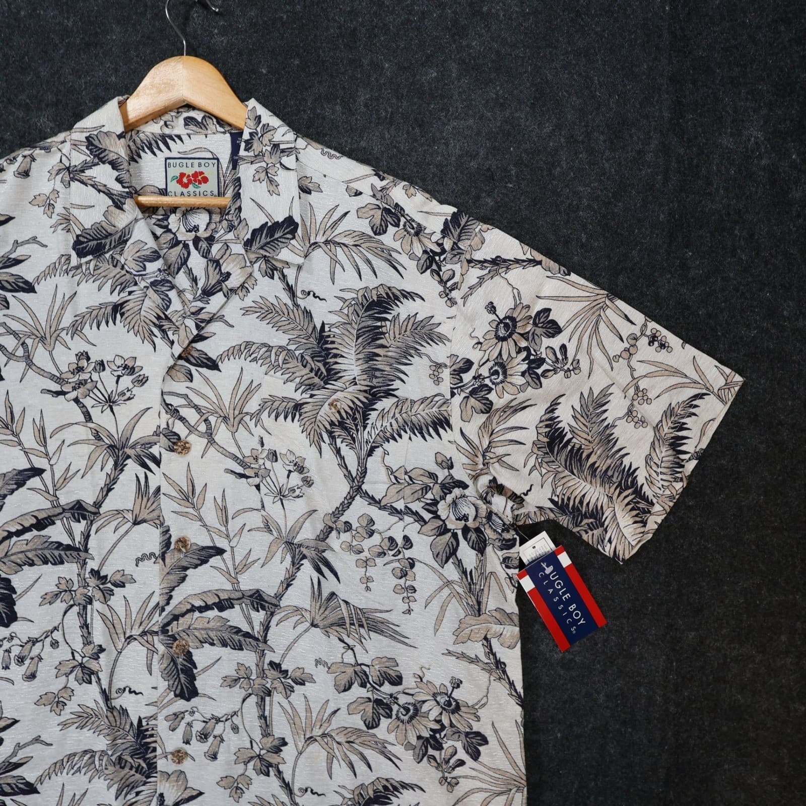 Bugle Boy Classics Button Up Shirt Mens XL Beige New Silk Rayon Tropical Floral - Thumbnail 9