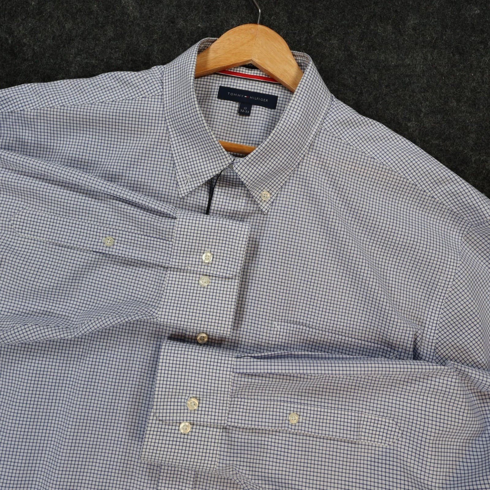 Tommy Hilfiger Button Down Mens 17 32-33 Blue Excellent Non Iron Gingham - Thumbnail 9