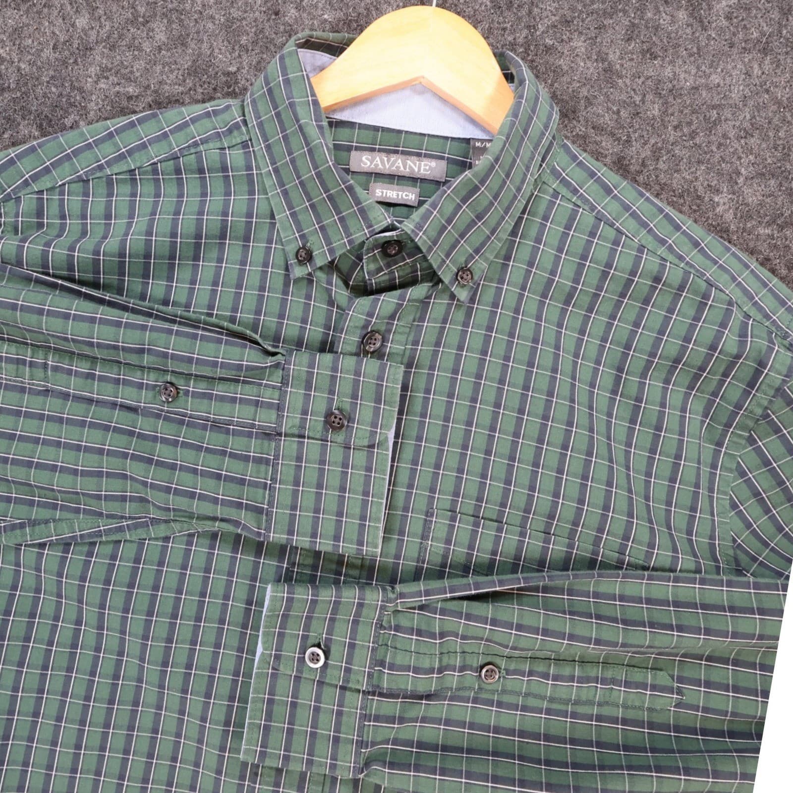 Savane Button Up Mens Medium Green Excellent Stretch Plaid RS5929 - Thumbnail 9