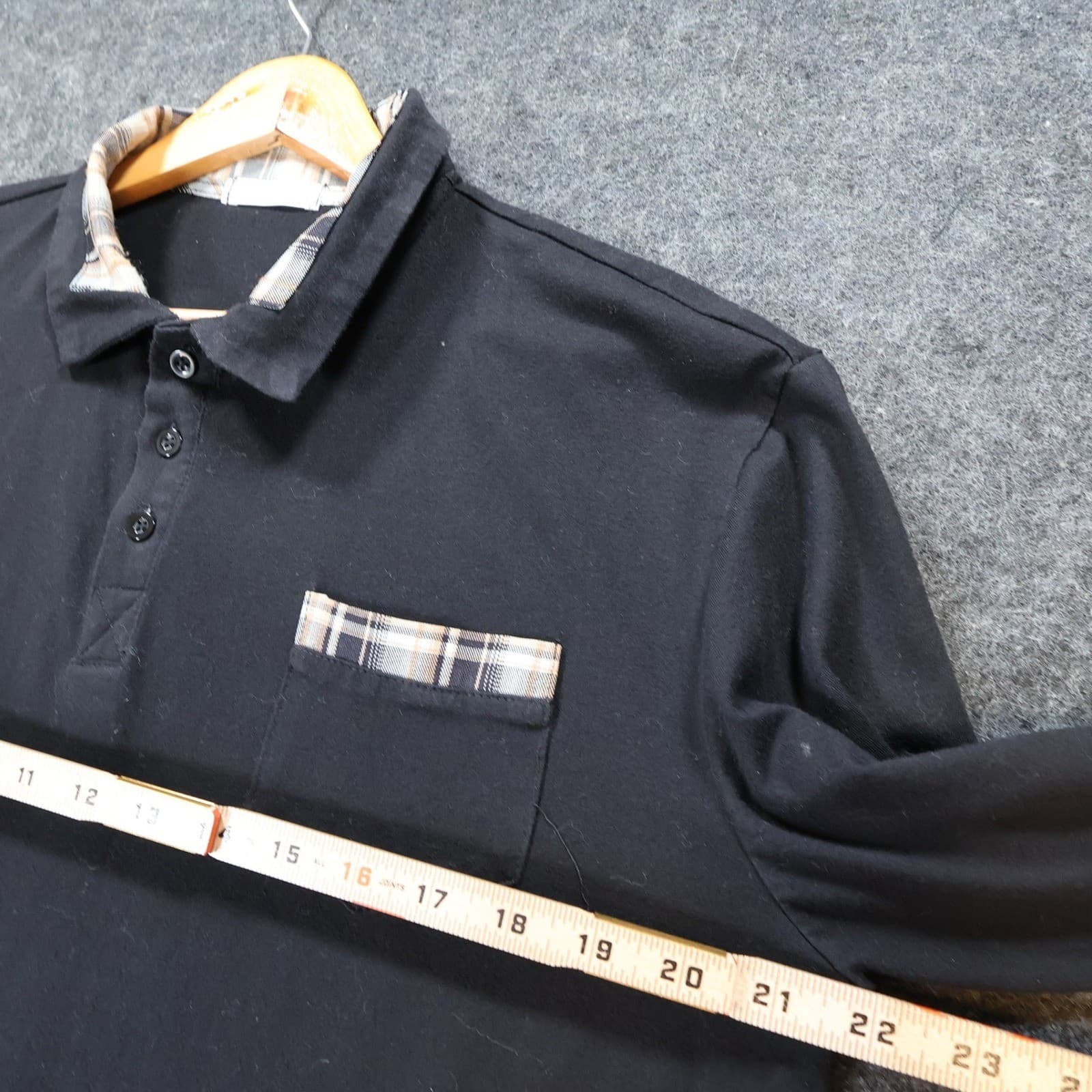 Coofandy Polo Mens Medium Black Excellent Plaid Trim Long Sleeve Pocket - Thumbnail 3