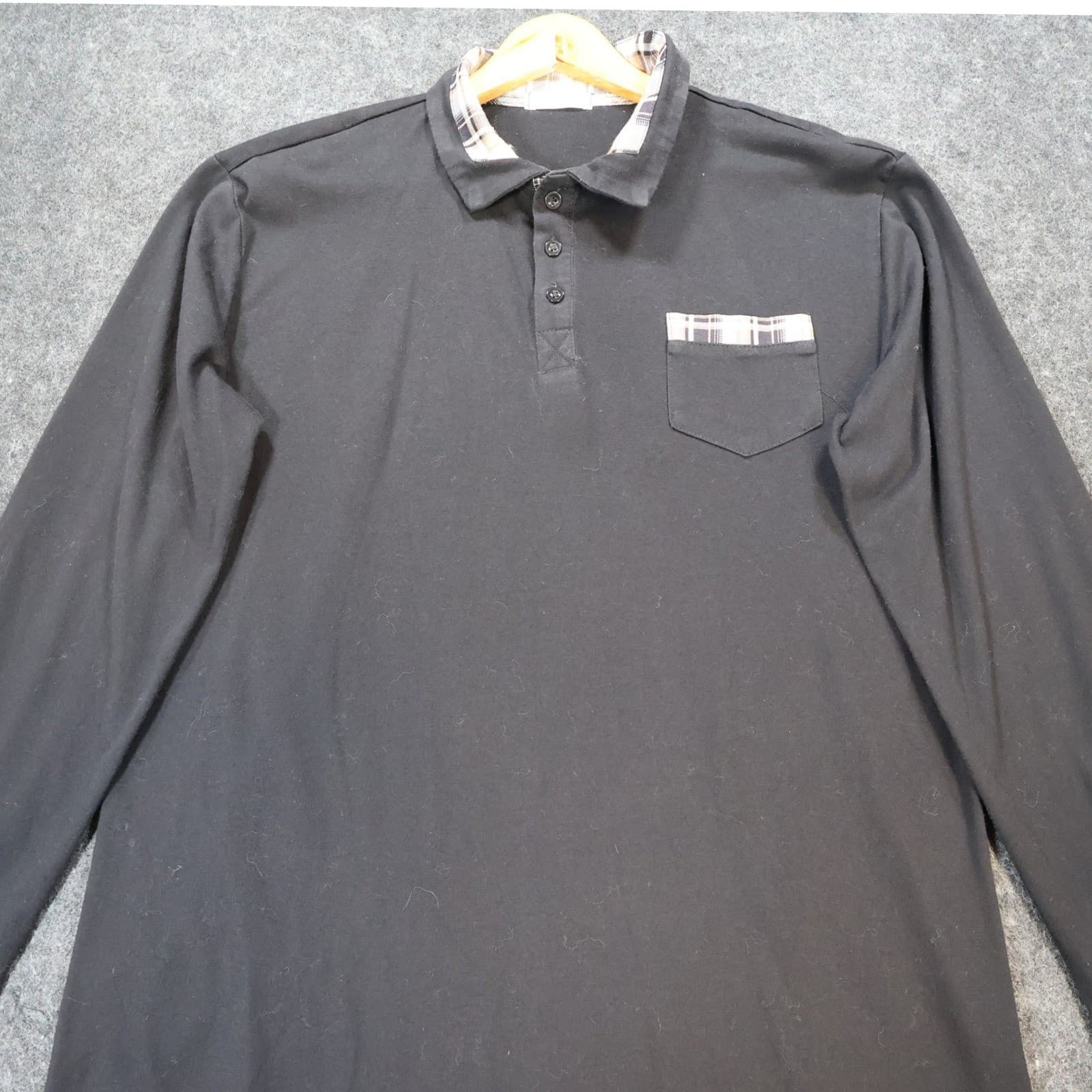 Coofandy Polo Mens Medium Black Excellent Plaid Trim Long Sleeve Pocket - Thumbnail 9