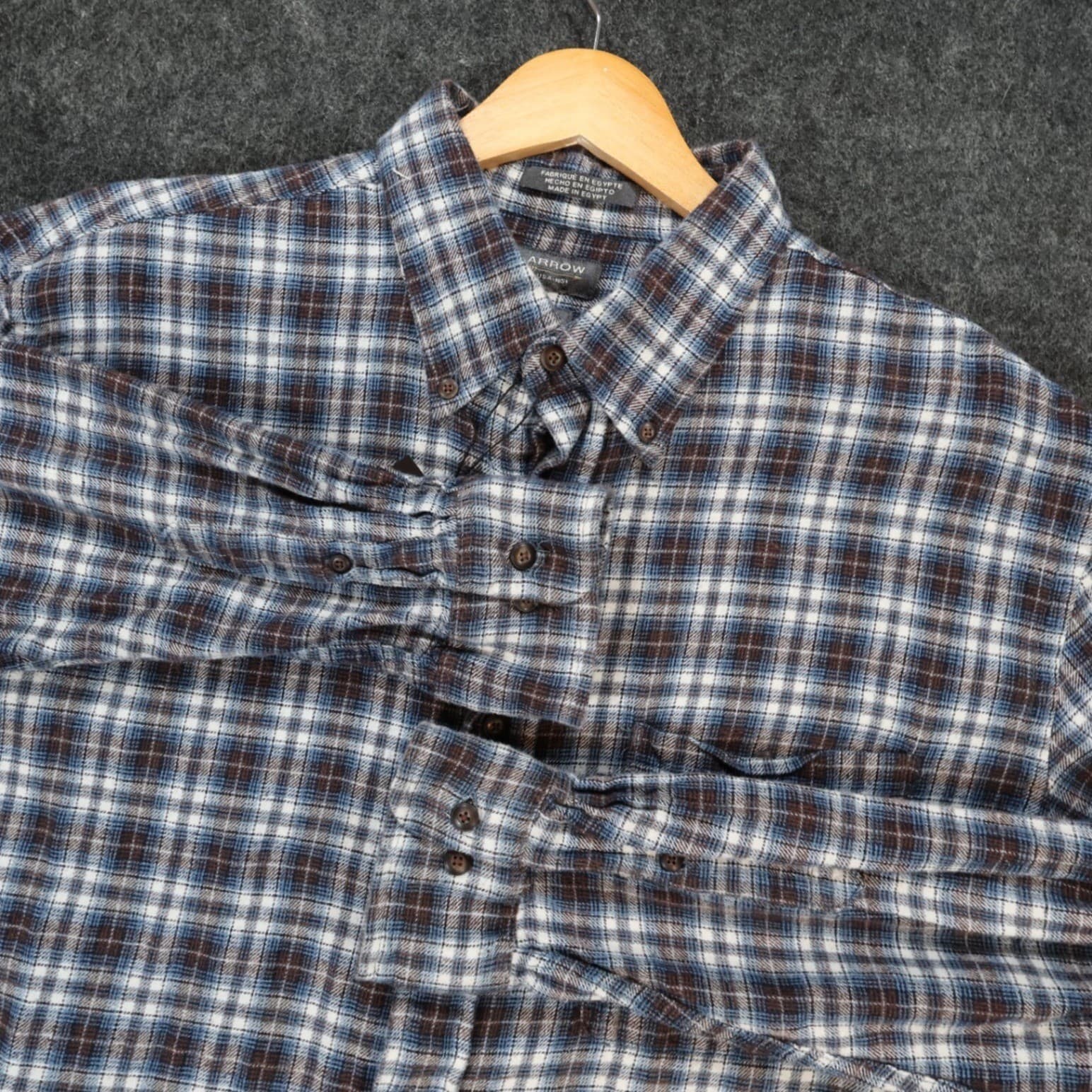 Arrow Flannel Shirt Mens Large Blue Excellent Plaid Button Down - Thumbnail 9