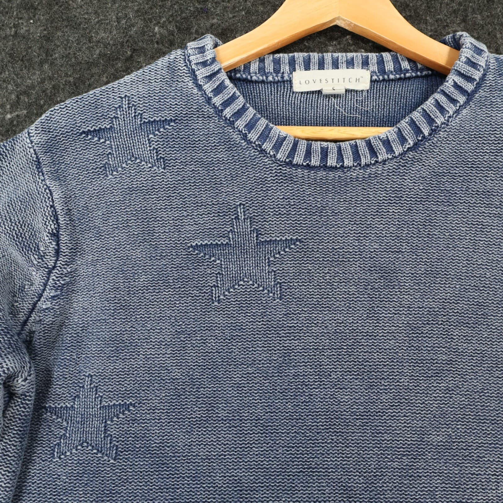 Lovestitch Sweater Womens Small Blue Cotton Star Knit Acid Wash Crewneck - Thumbnail 9