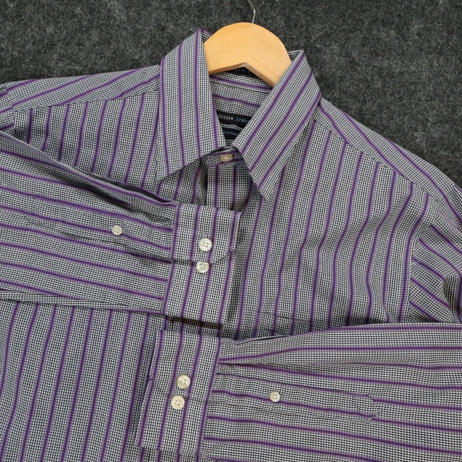 Van Heusen Studio Button Down Shirt Mens Small Purple Excellent Slim Fit Striped - Thumbnail 8