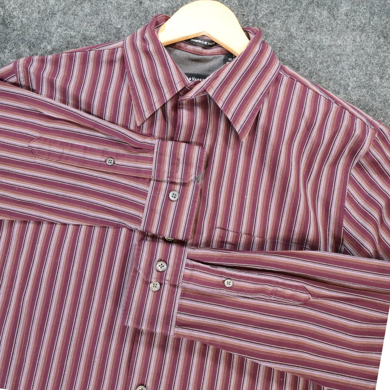 Van Heusen Button Up Shirt Mens S Burgundy Excellent Striped Wrinkle Free - Thumbnail 3