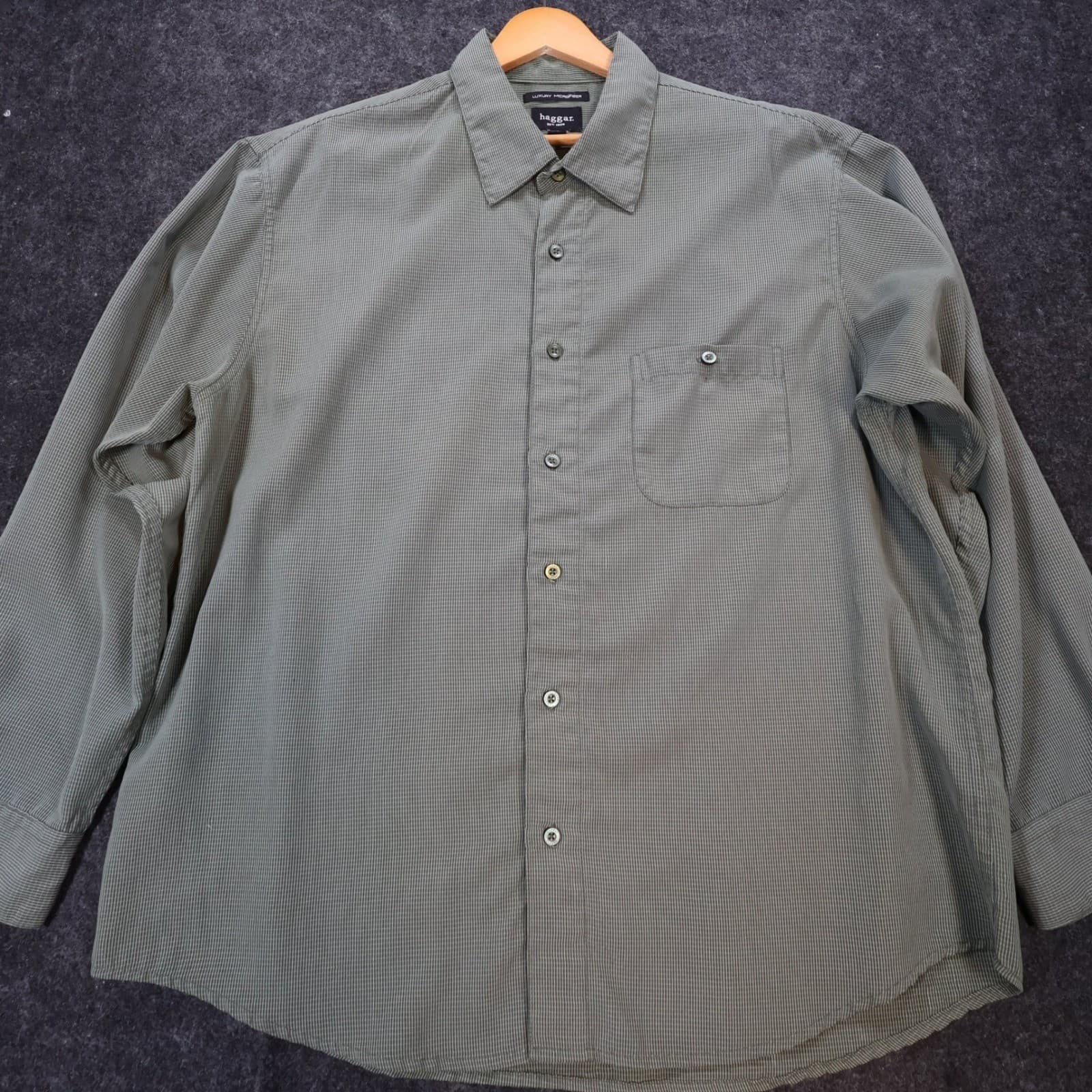 Haggar Button Up Shirt Mens L Green Excellent Micro Check Long Sleeve 1689 - Thumbnail 9