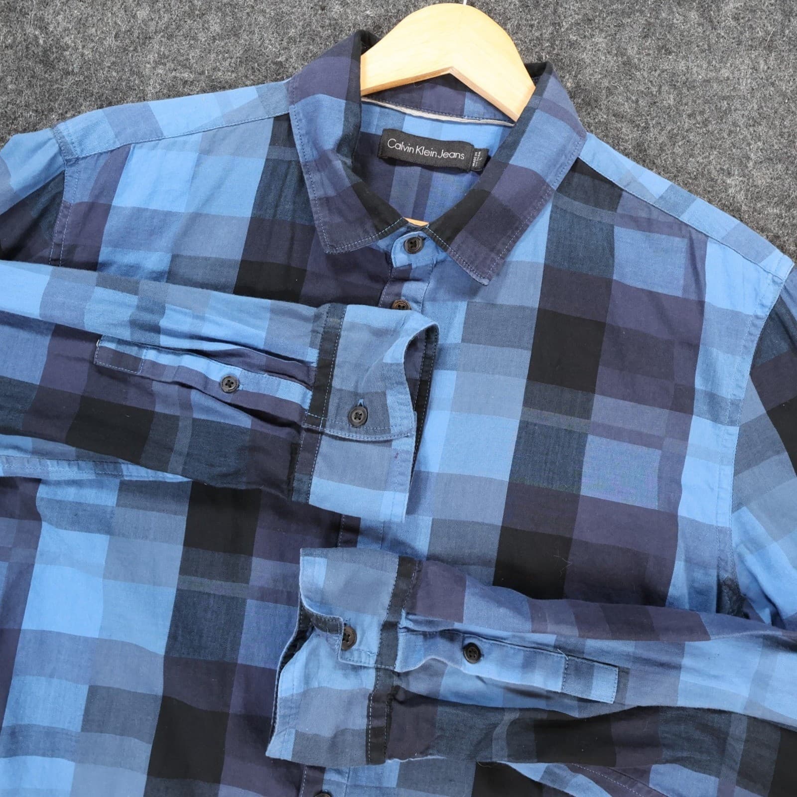Calvin Klein Jeans Shirt Mens L Blue Excellent Plaid Long Sleeve Button Up - Thumbnail 3