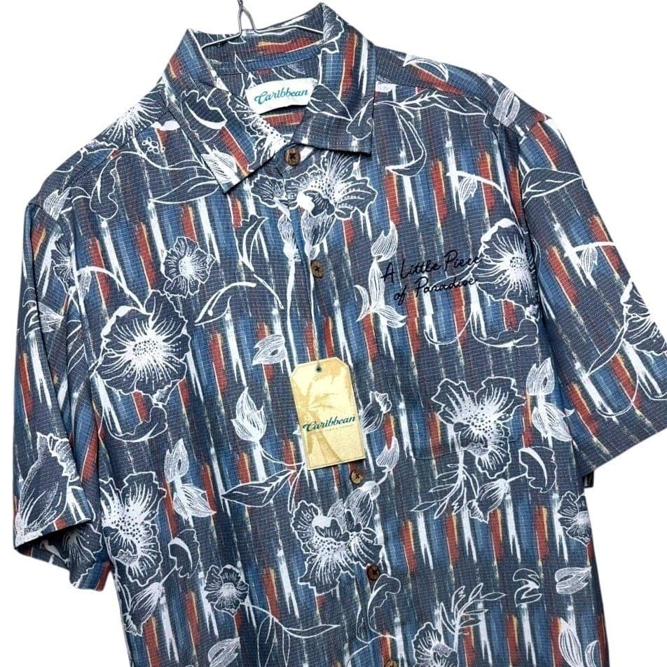 Caribbean Men's Floral Aloha Shirt - Blue Red White, Size S - Thumbnail 2
