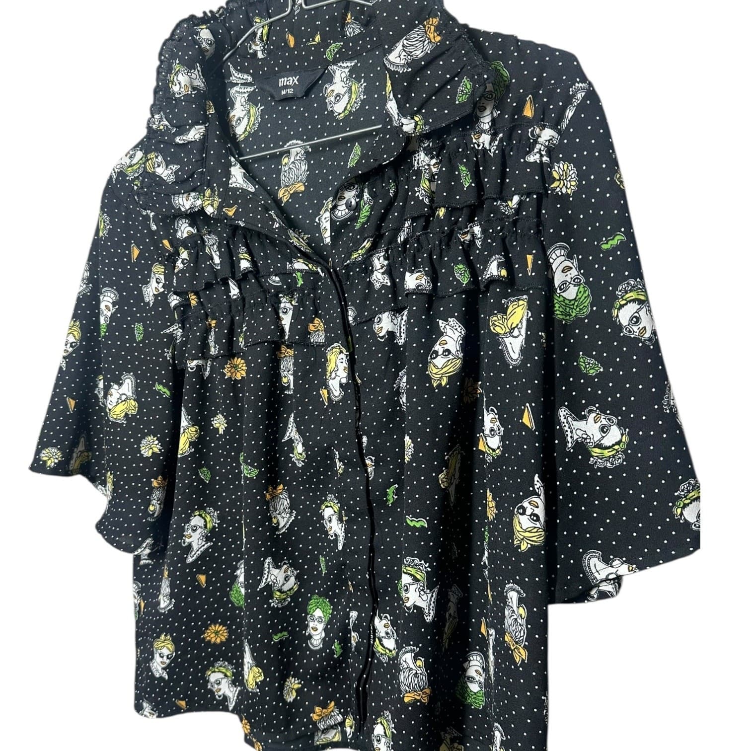 Max Women's Women's Black Artistic Face Print Ruffle Blouse Size M/12 - Thumbnail 3