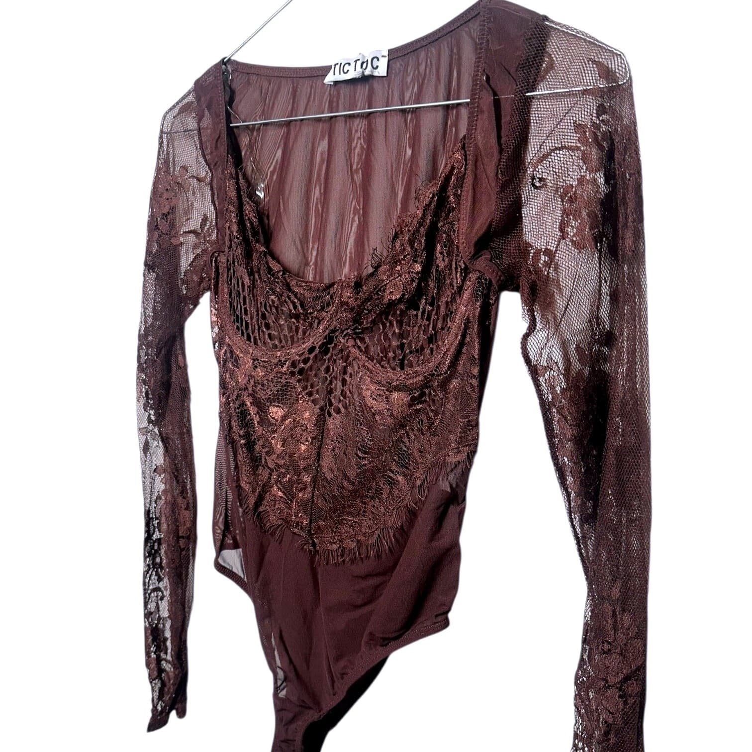 TIC TOC Brown Sheer Lace Long Sleeve Bodysuit Corset Style Women's Size S - Thumbnail 3