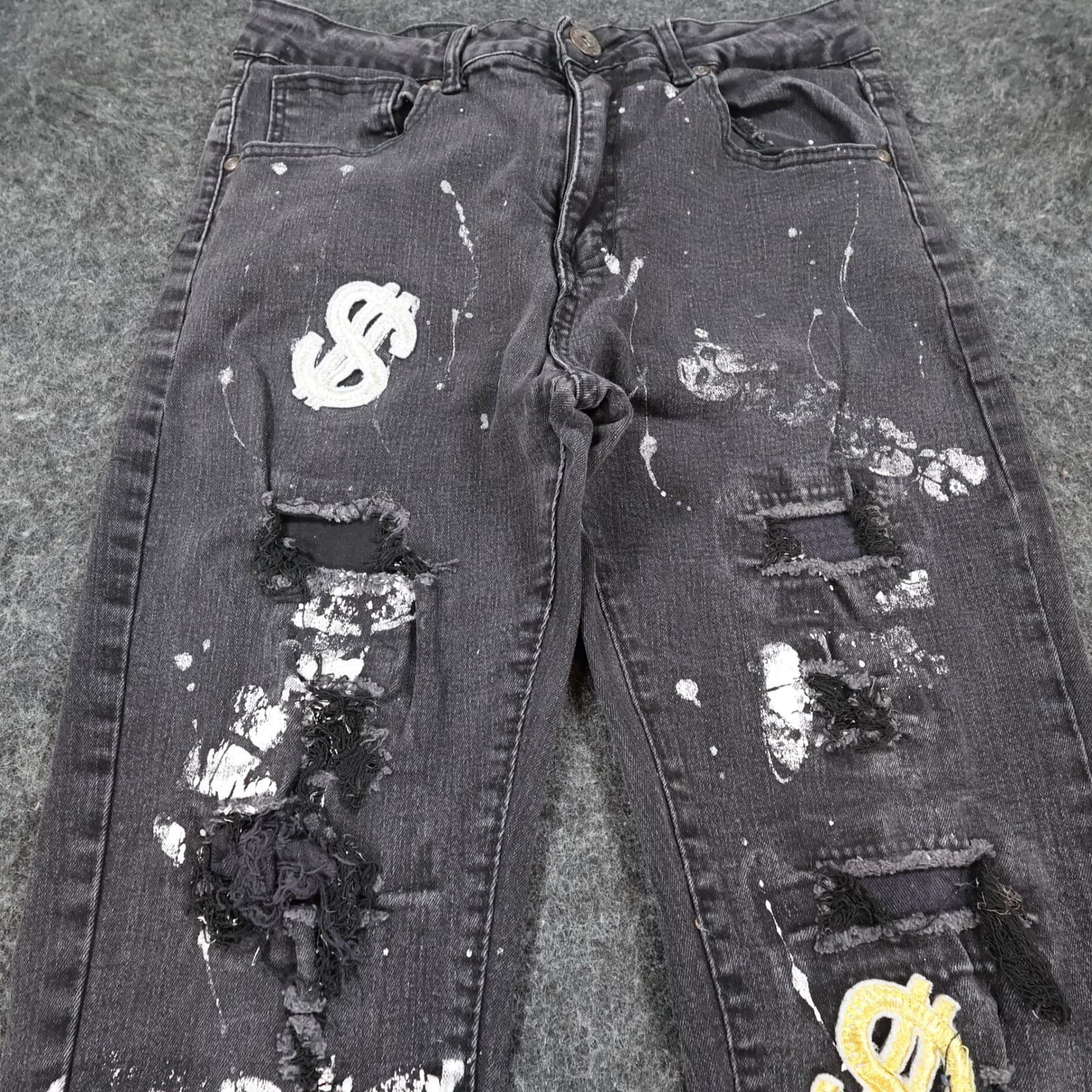 Waimea Skinny Jeans Mens 20 Black Cotton Blend Distressed Paint Splatter - Thumbnail 9