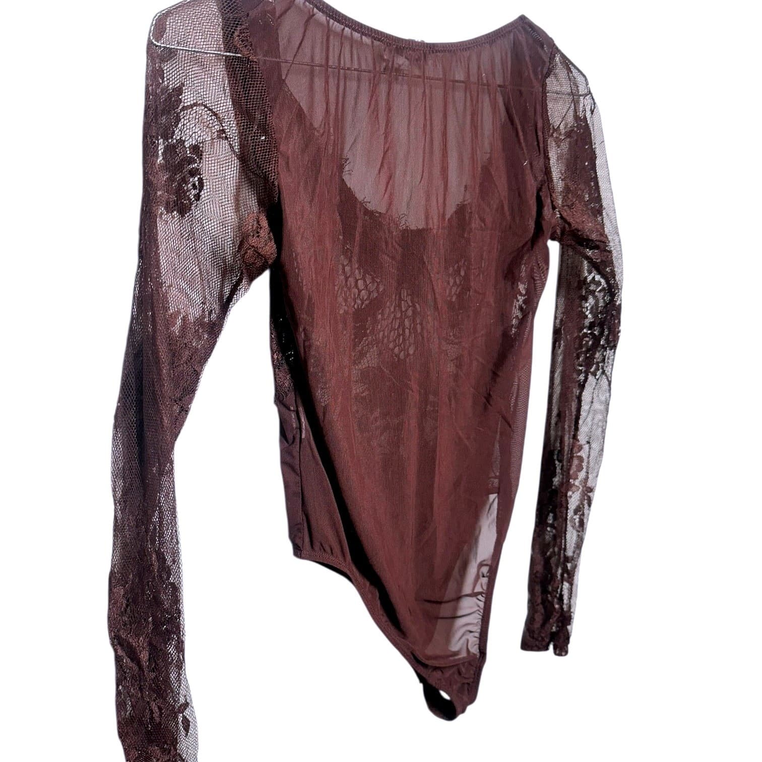 TIC TOC Brown Sheer Lace Long Sleeve Bodysuit Corset Style Women's Size S - Thumbnail 4
