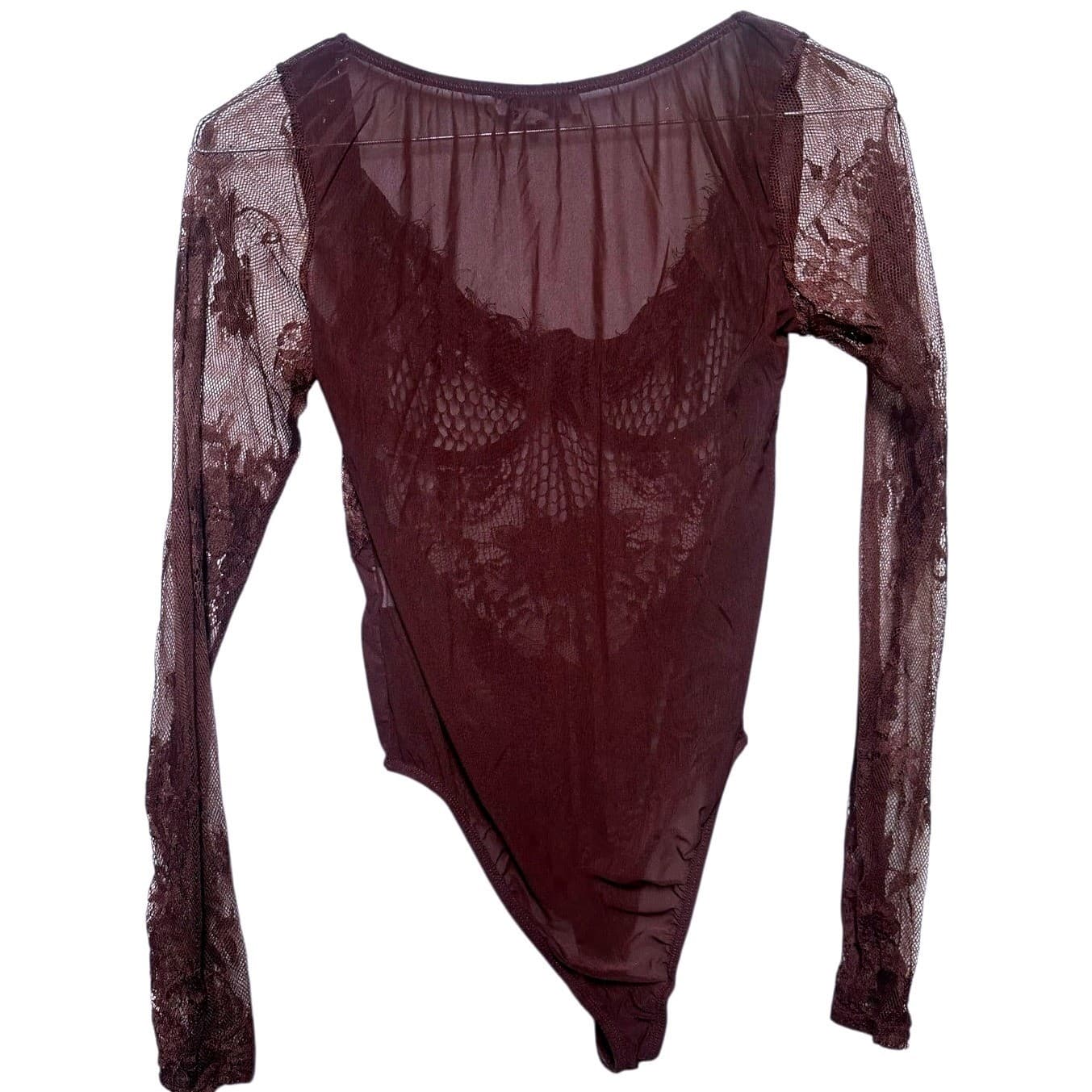 TIC TOC Brown Sheer Lace Long Sleeve Bodysuit Corset Style Women's Size S - Thumbnail 2