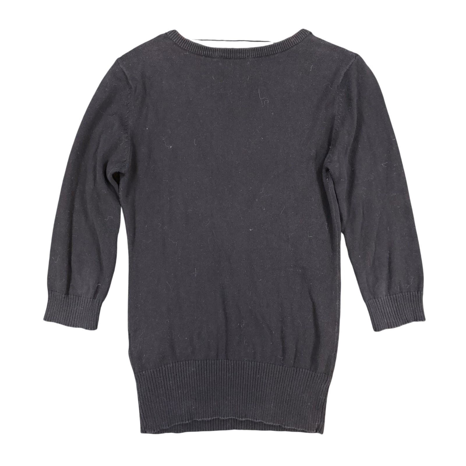 H&M Argyle Sweater Womens Small Black Cotton V-Neck 3/4 Sleeve Preppy Knit Top - Thumbnail 2