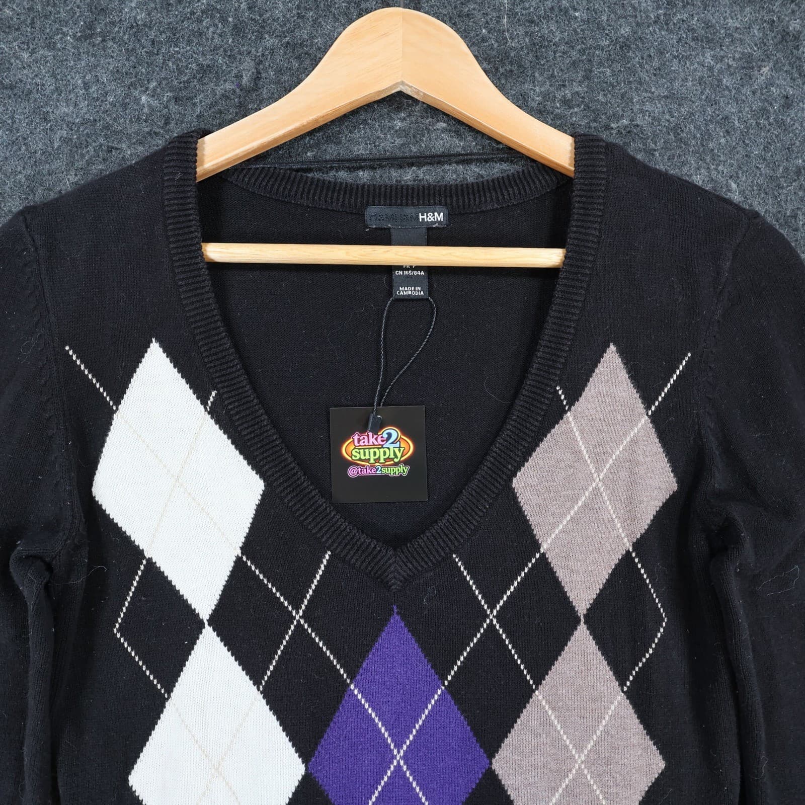 H&M Argyle Sweater Womens Small Black Cotton V-Neck 3/4 Sleeve Preppy Knit Top - Thumbnail 9