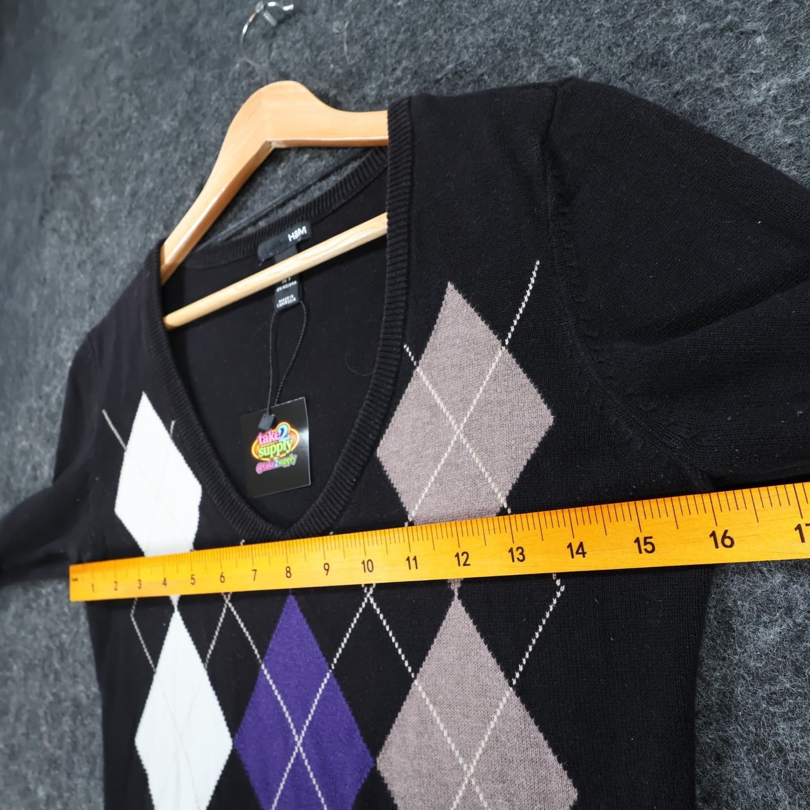 H&M Argyle Sweater Womens Small Black Cotton V-Neck 3/4 Sleeve Preppy Knit Top - Thumbnail 4
